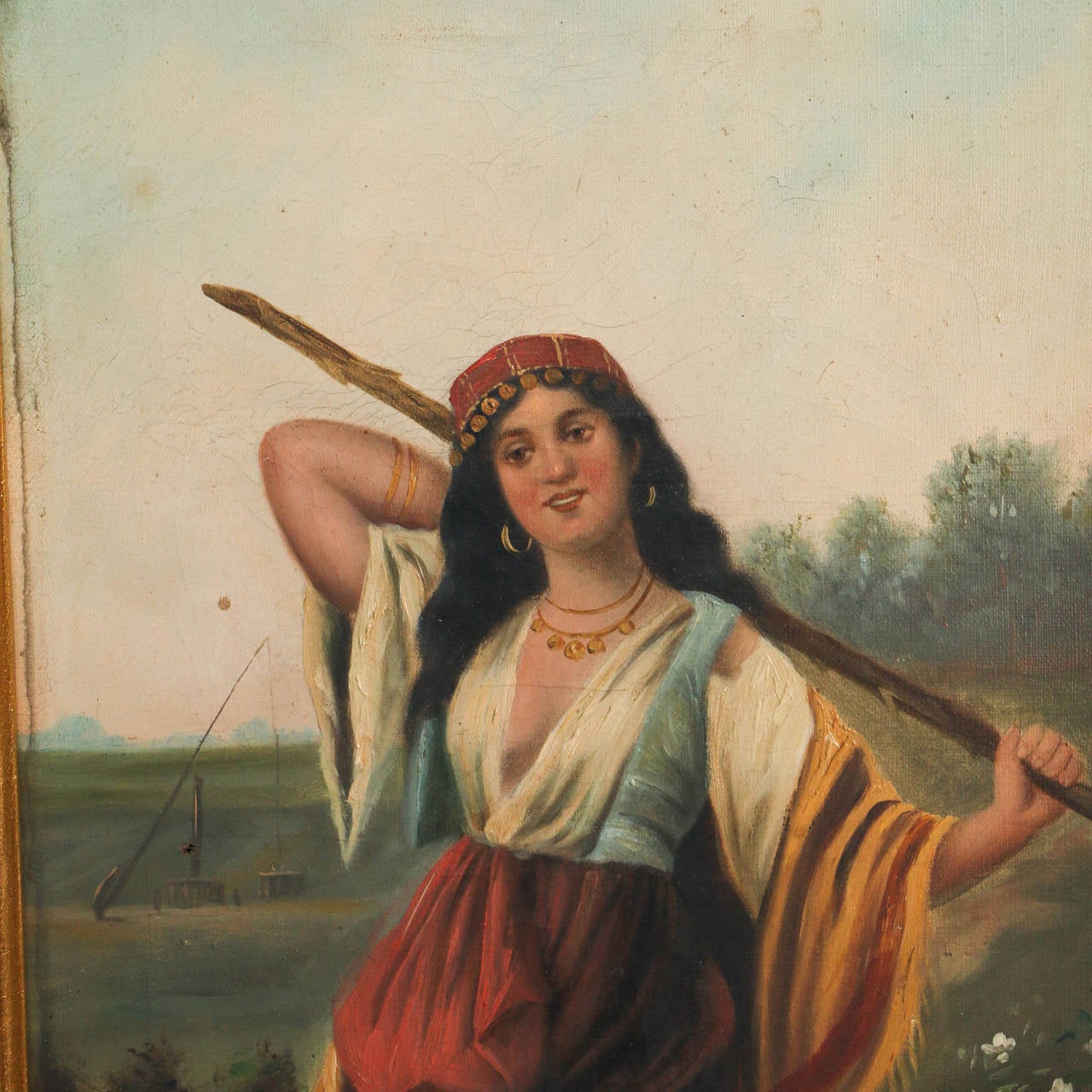 Original oil on canvas painting of a young woman in a southern European setting, The charm of this painting is in the country appeal of the girl, who has the appearance of a gypsy. The painting is mounted in a gold painted frame and signed in the