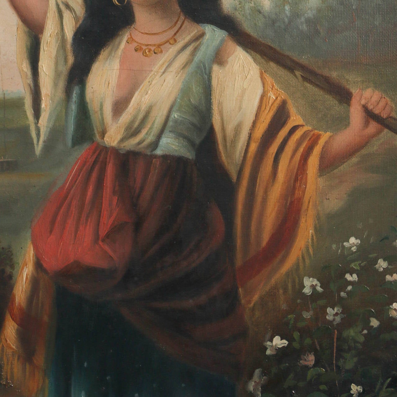 Original Oil on Canvas, Young Gypsy Woman with Stick, Signed 
