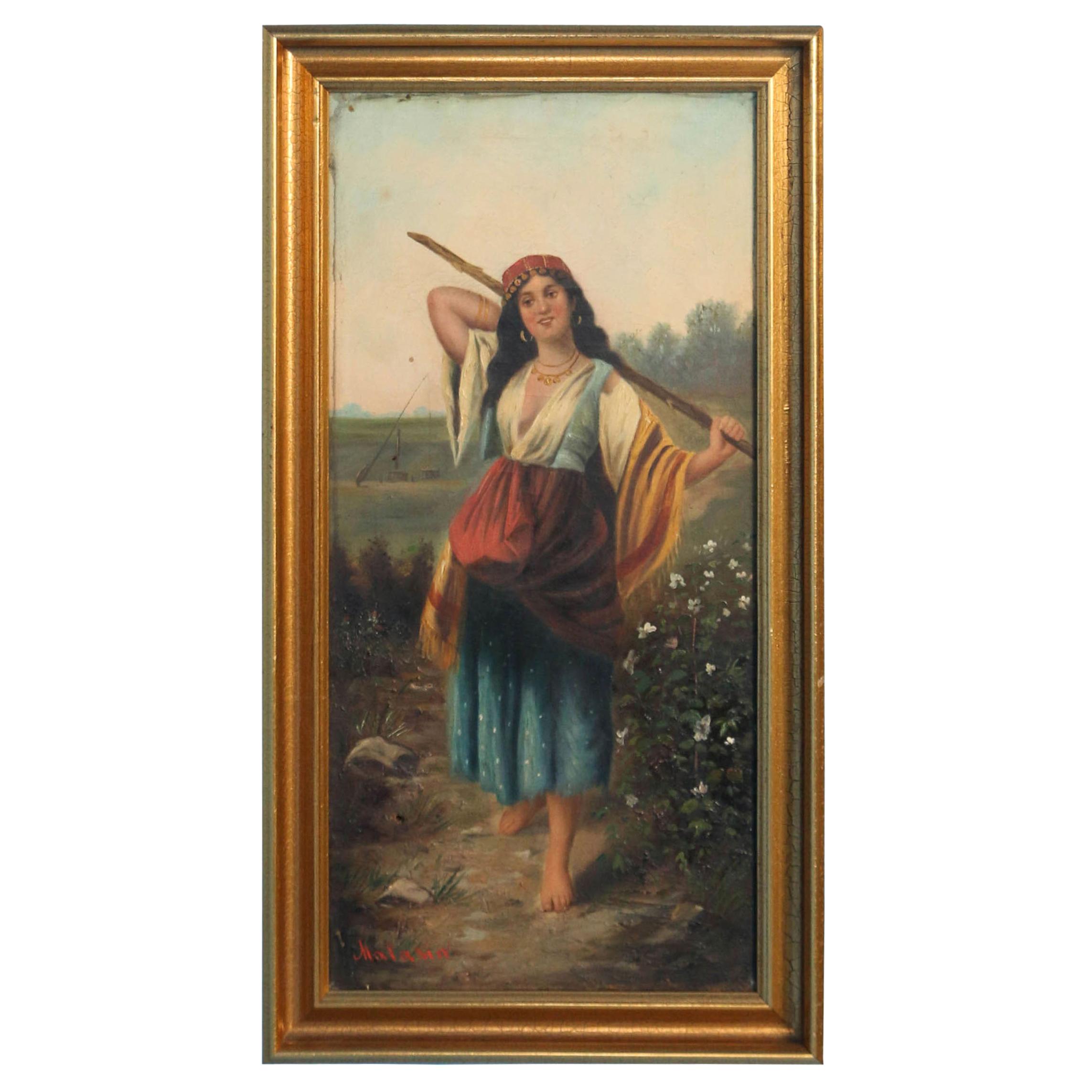 Original Oil on Canvas, Young Gypsy Woman with Stick, Signed "Malasin"