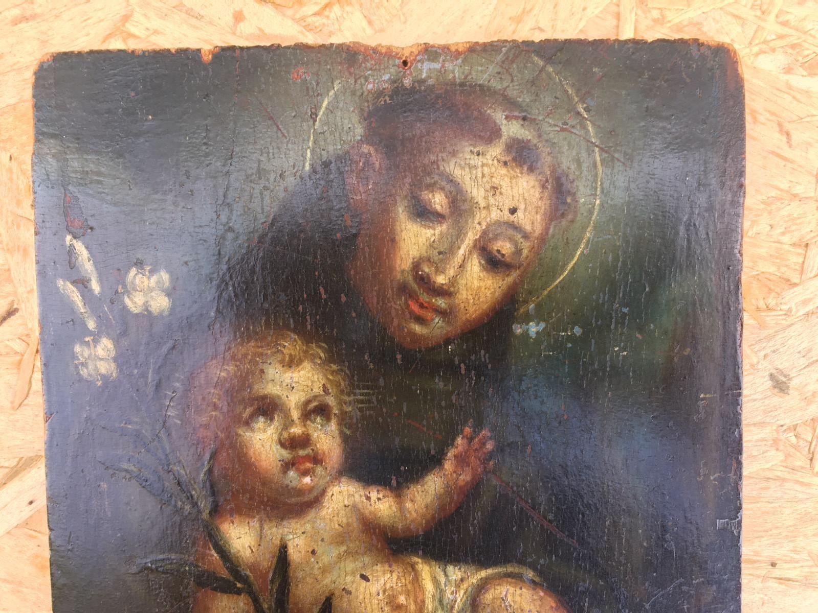 Óleo original sobre tabla de madera de San Antonio de Padua Español en venta