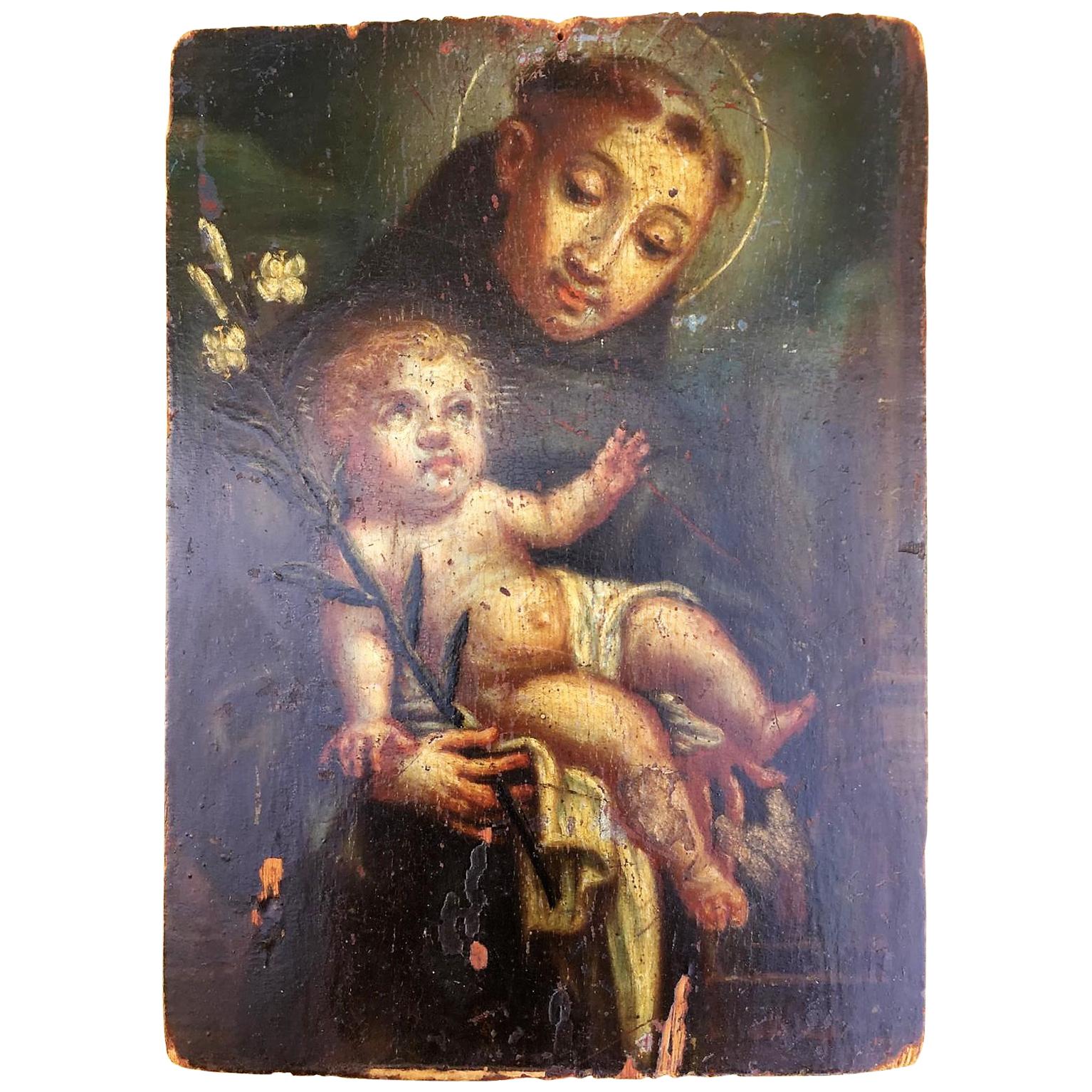 Óleo original sobre tabla de madera de San Antonio de Padua en venta