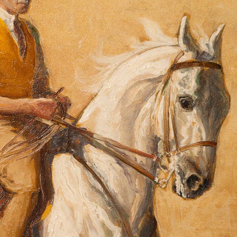 Swedish Original Oil on Panel Painting of Trainer on a White Race Horse, Signed John Sjo