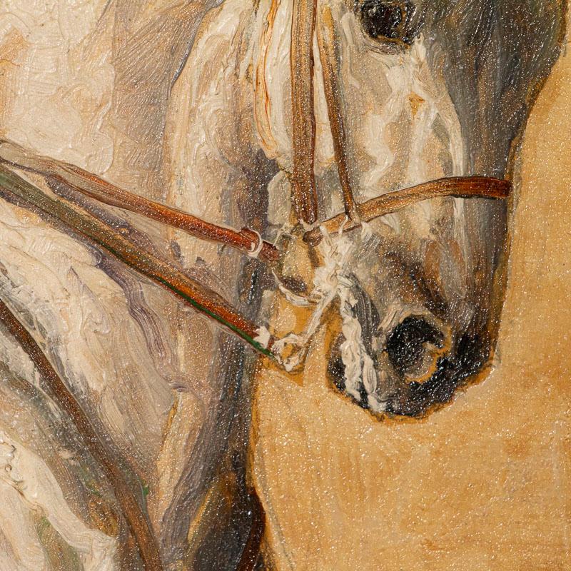 Original Oil on Panel Painting of Trainer on a White Race Horse, Signed John Sjo In Good Condition In Round Top, TX