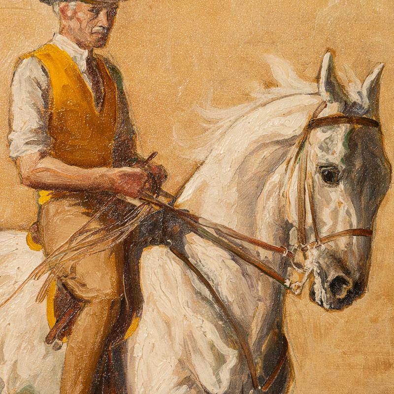 20th Century Original Oil on Panel Painting of Trainer on a White Race Horse, Signed John Sjo