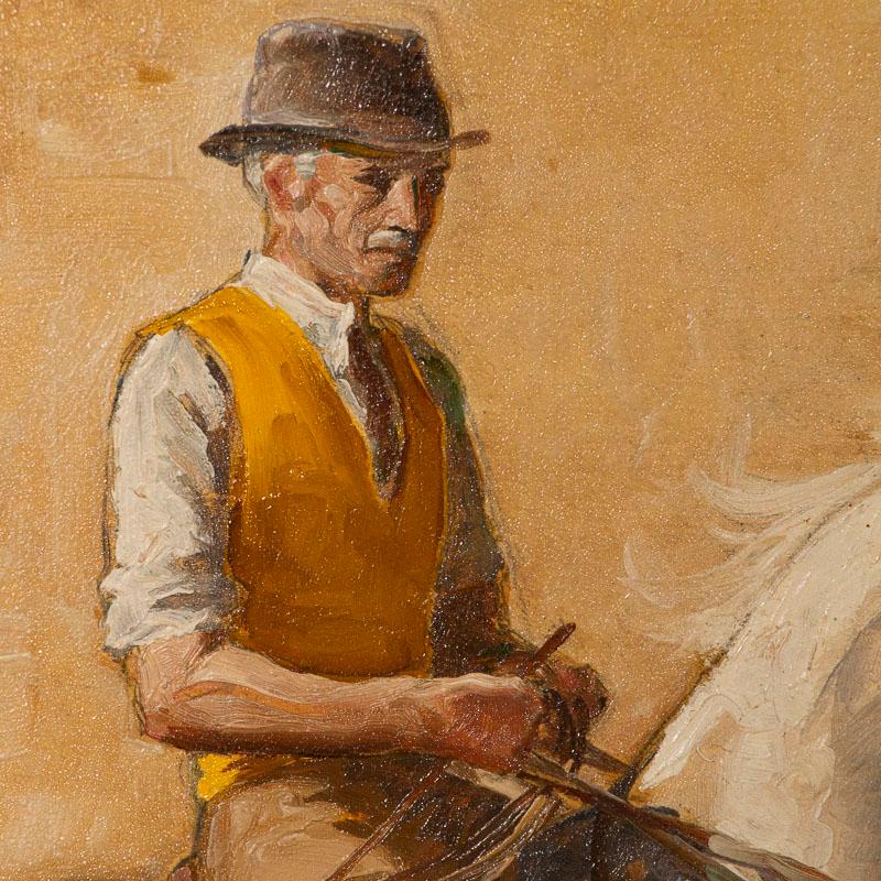 Canvas Original Oil on Panel Painting of Trainer on a White Race Horse, Signed John Sjo