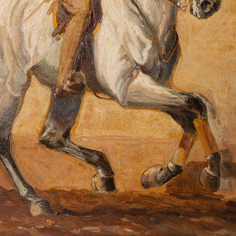 Original Oil on Panel Painting of Trainer on a White Race Horse, Signed John Sjo 2