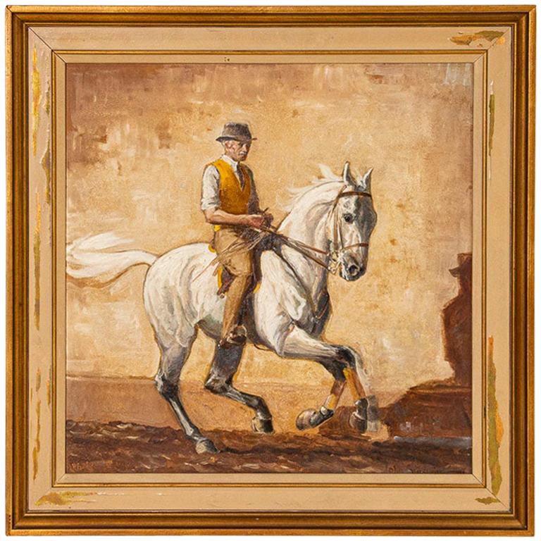 Original Oil on Panel Painting of Trainer on a White Race Horse, Signed John Sjo