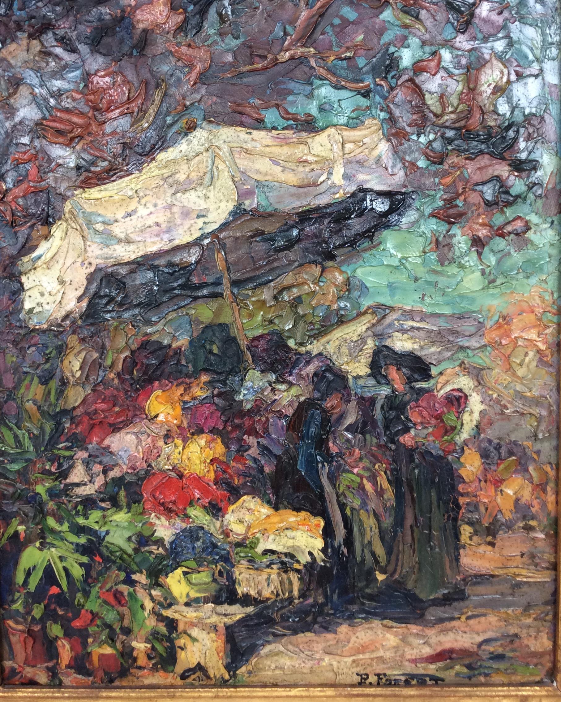 This is an original oil on wood painting depicting Cours Saleya 