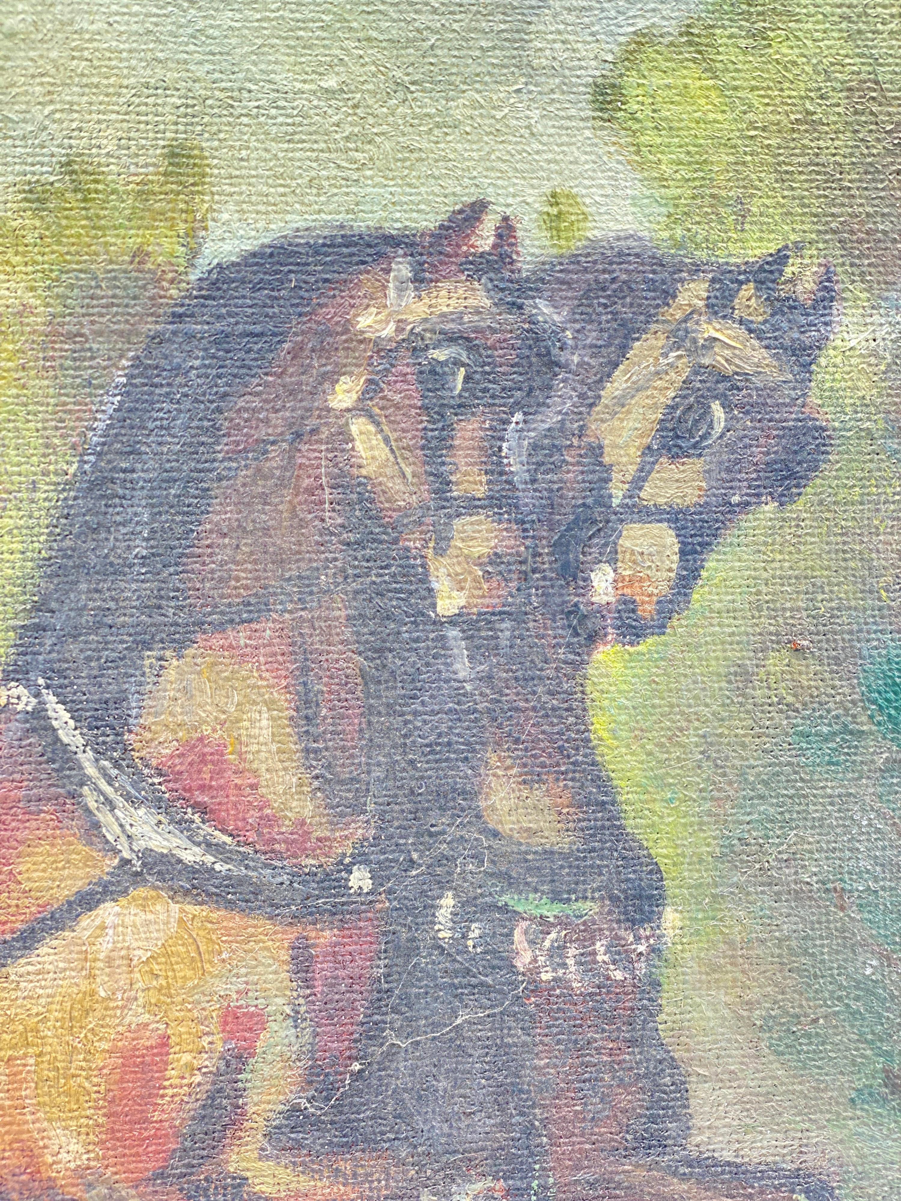 Oiled Original Oil Painting, a Couple in a Horse Team by French Painter Bousquet For Sale