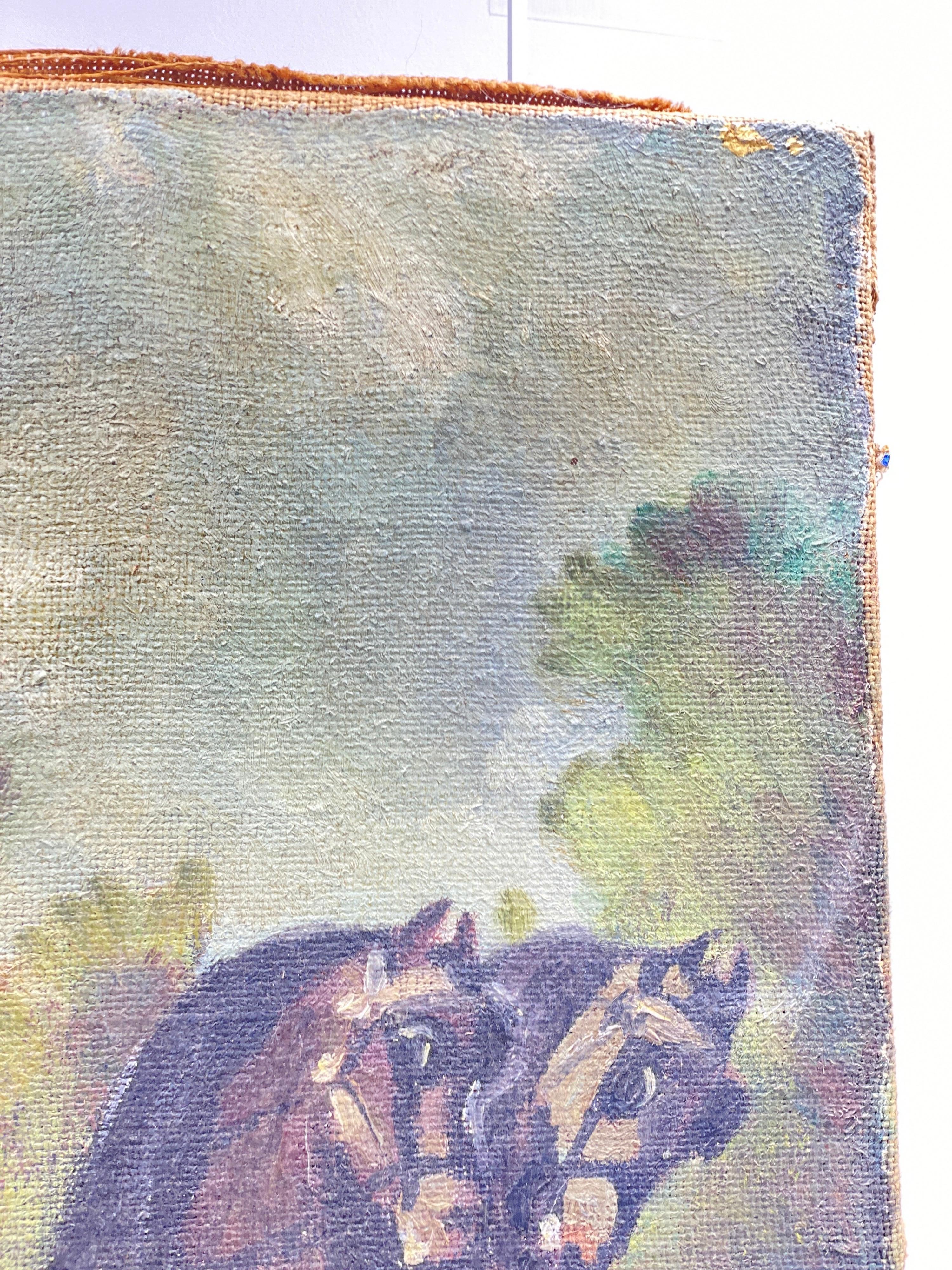 Original Oil Painting, a Couple in a Horse Team by French Painter Bousquet In Fair Condition For Sale In Auribeau sur Siagne, FR