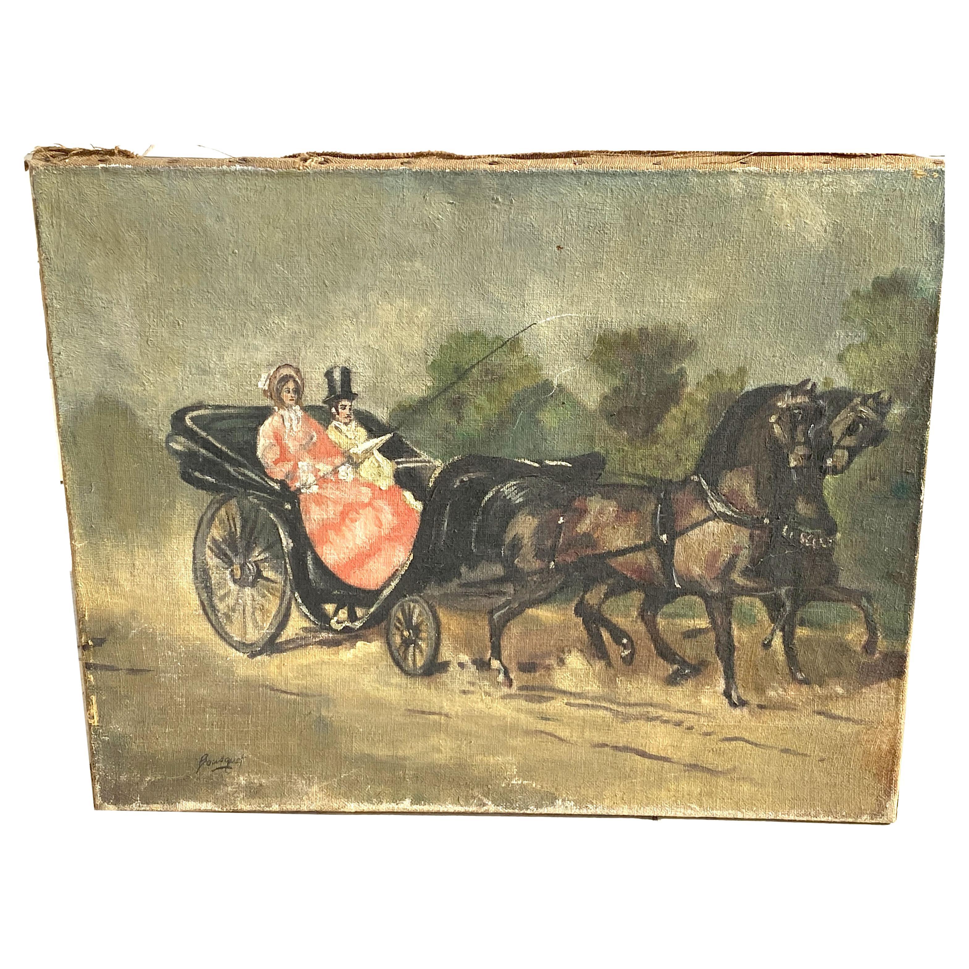 Peinture à l'huile originale, un couple dans une équipe de chevaux par le peintre français Bousquet