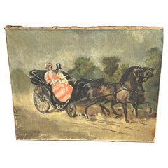 Pittura ad olio originale, una coppia in una squadra di cavalli del pittore francese Bousquet