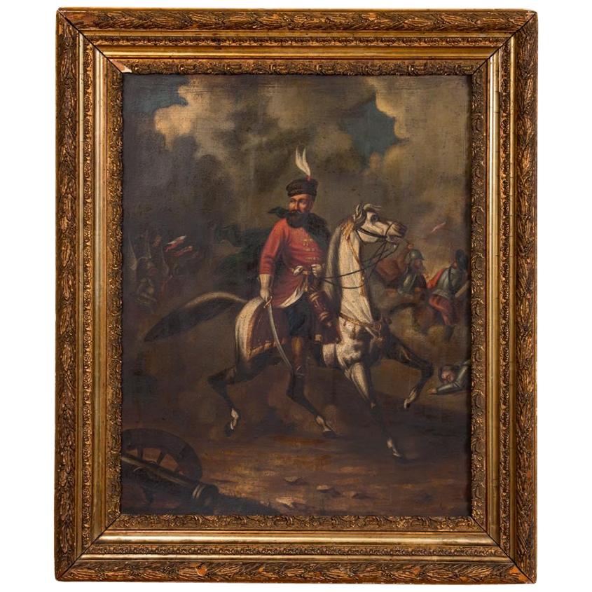 Original Oil Painting Battle Scene of Polish Officer on Horseback