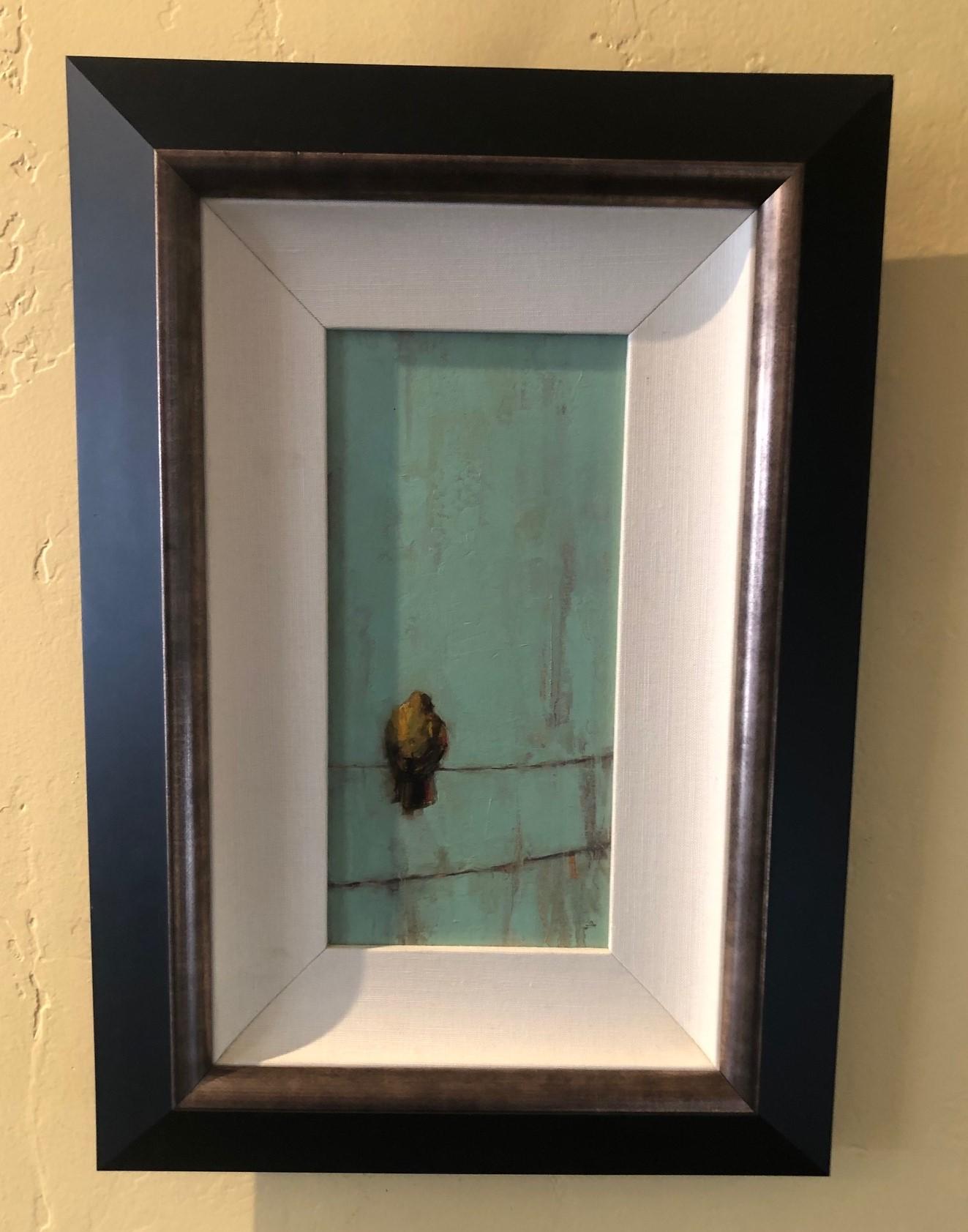 Original oil on canvas painting by American artist Angie Renfro, circa 2010s. The piece is custom framed and is mounted on a cream linen mat with a two-tone dark brown and gray frame. The painting is 6