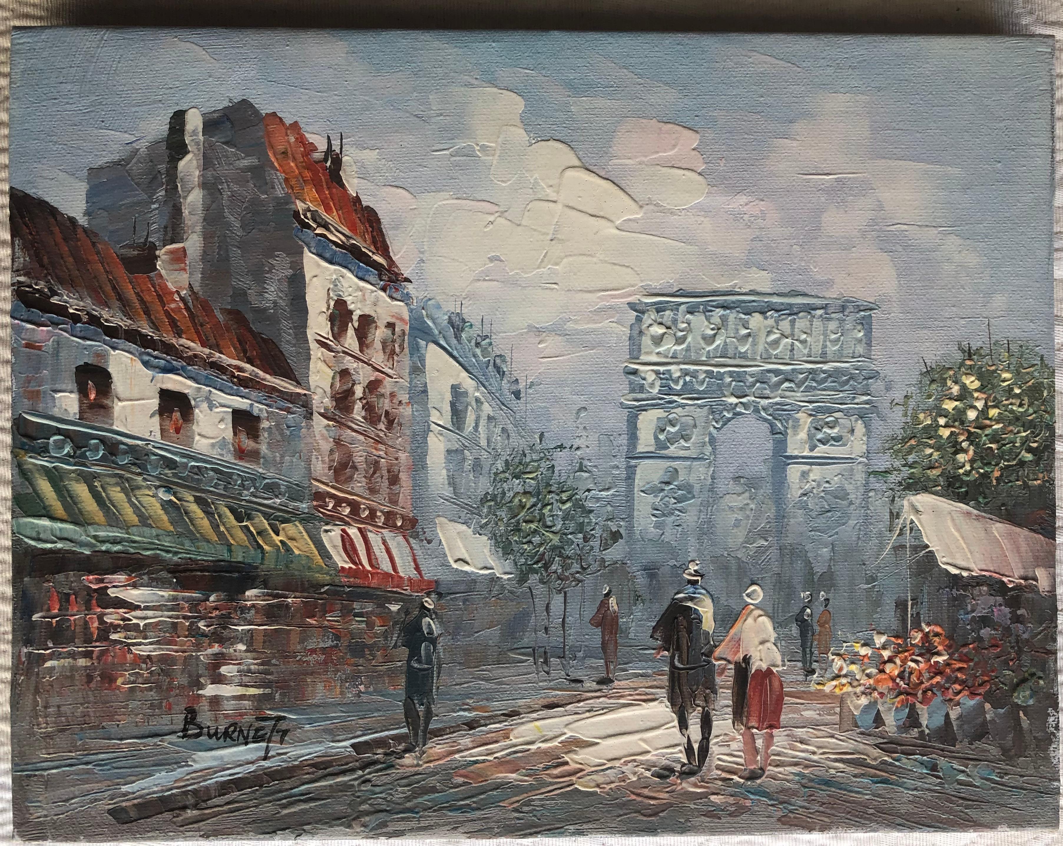 A beautiful view of a street scene in Paris, France. This painting perfectly depicts life in Paris with its restaurants, busy streets, cafes, hotels, monuments, and wonderful architecture. 

This lovely painting is signed by listed artist, Caroline