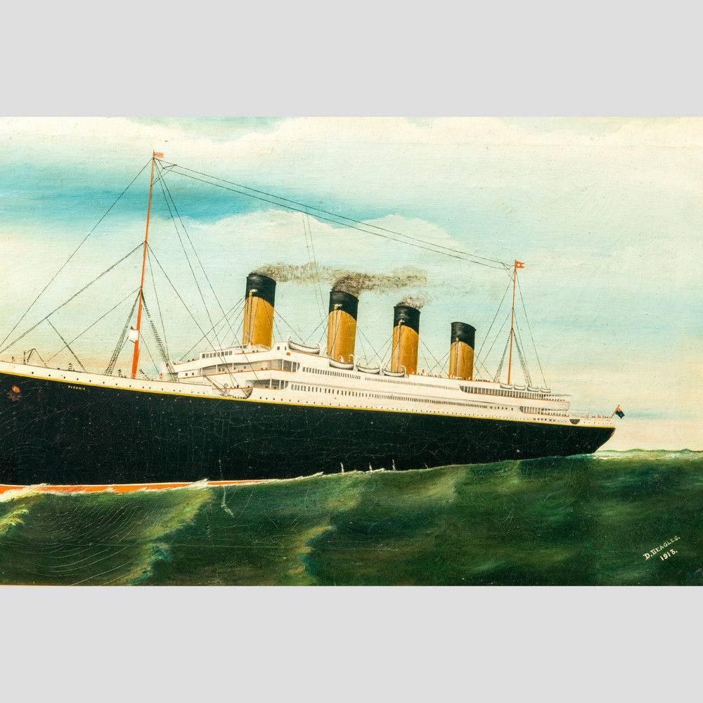 An original oil painting by D Beagles of the Titanic at full steam. Signed and dated 1913.