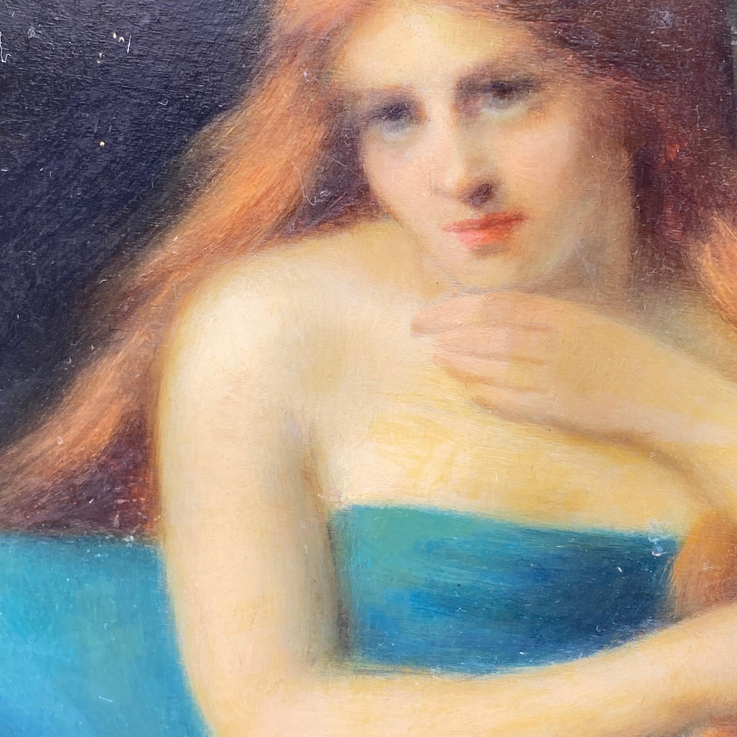 Début du 20ème siècle Peinture à l'huile originale de Germaine Dawis, France, représentant une femme nue à tête rouge en vente