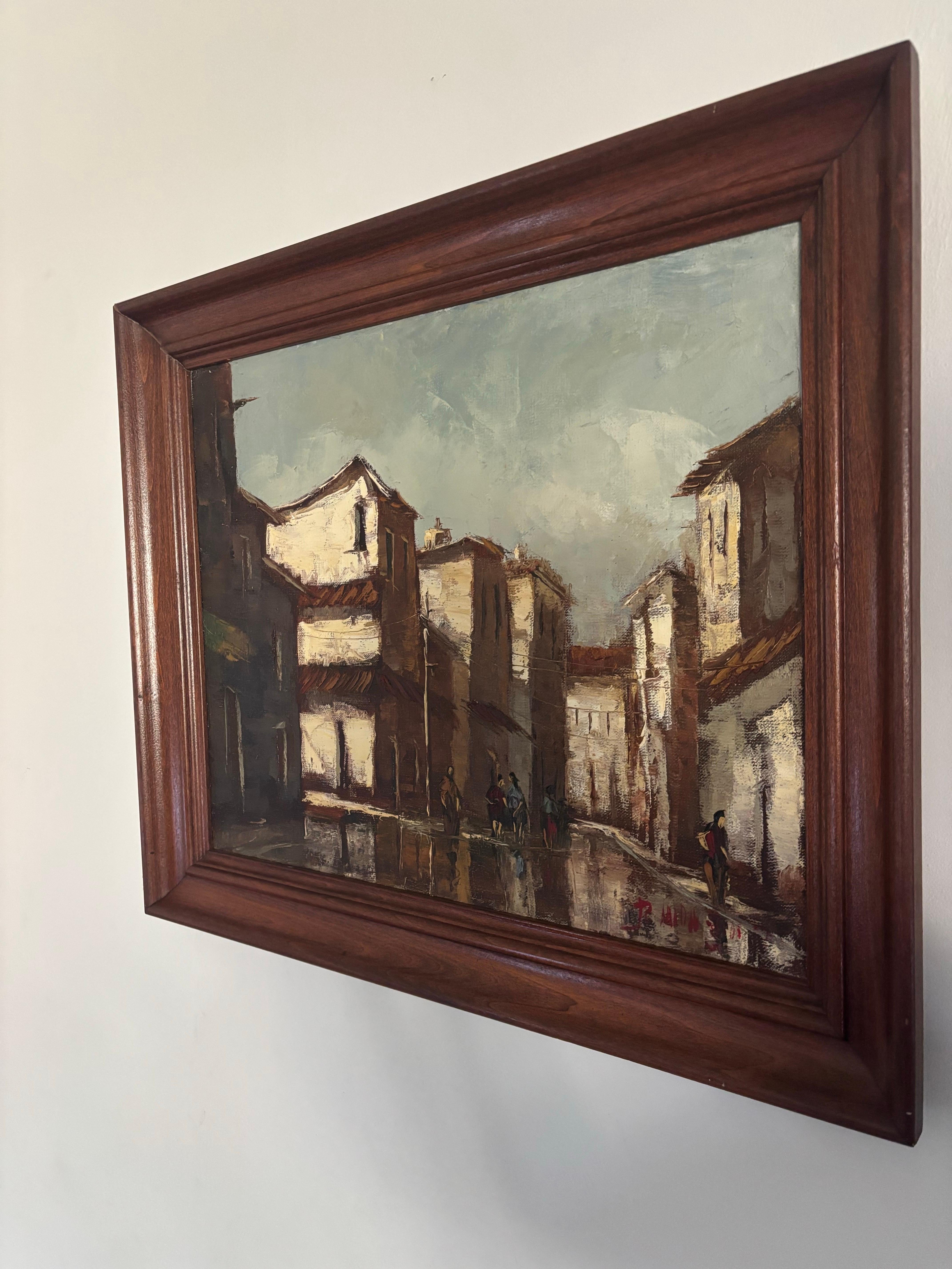 Beautiful original oil painting done by Venezuelan artist José Alberto Mora. Neutral colors create a moody depiction of a Venezuelan town. Beiges and dark browns create a depth of emotion despite the mundane nature of the setting. The details are