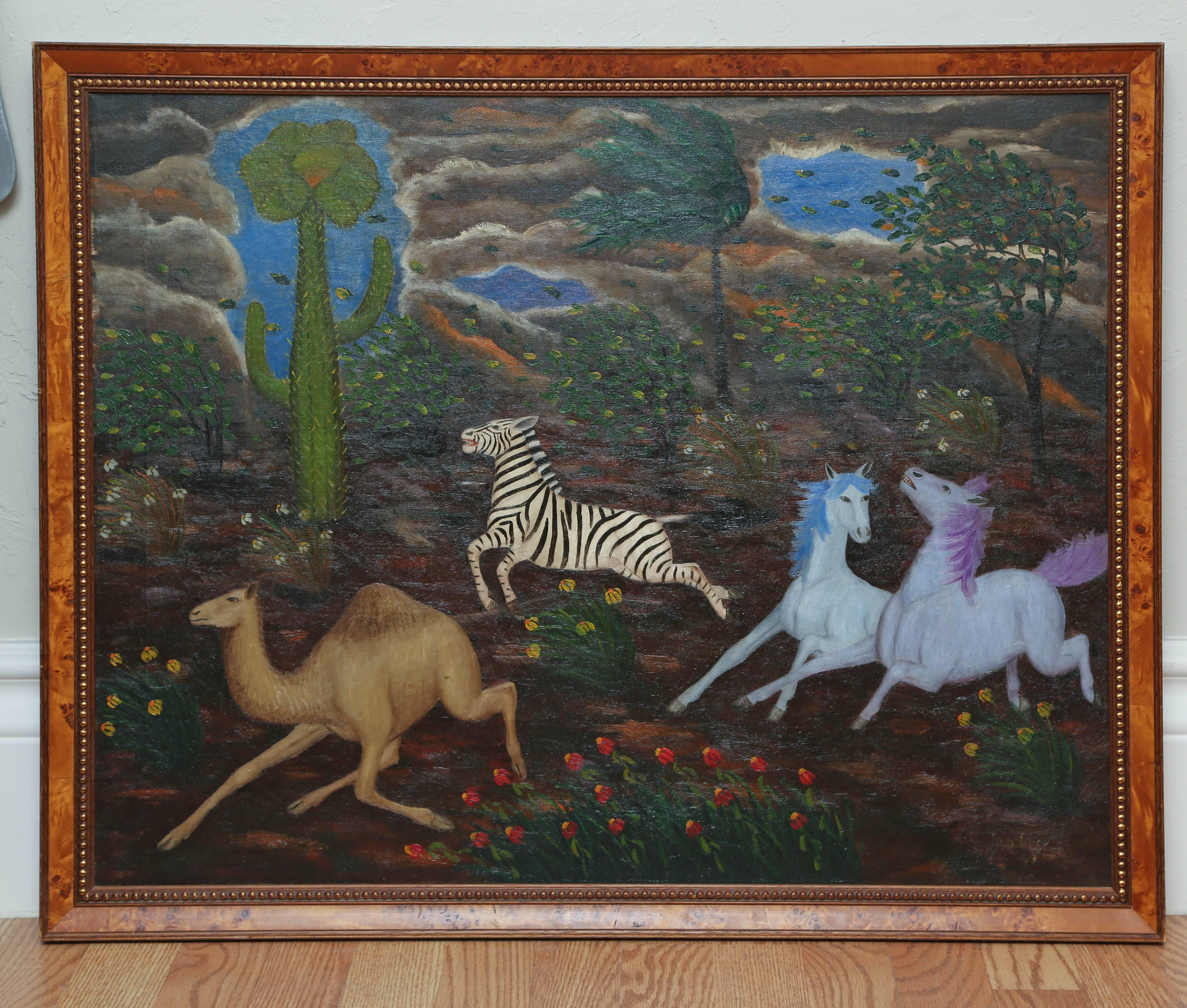 Striking original oil of horses, zebra and camel running in the wind.
Canvas size 24
