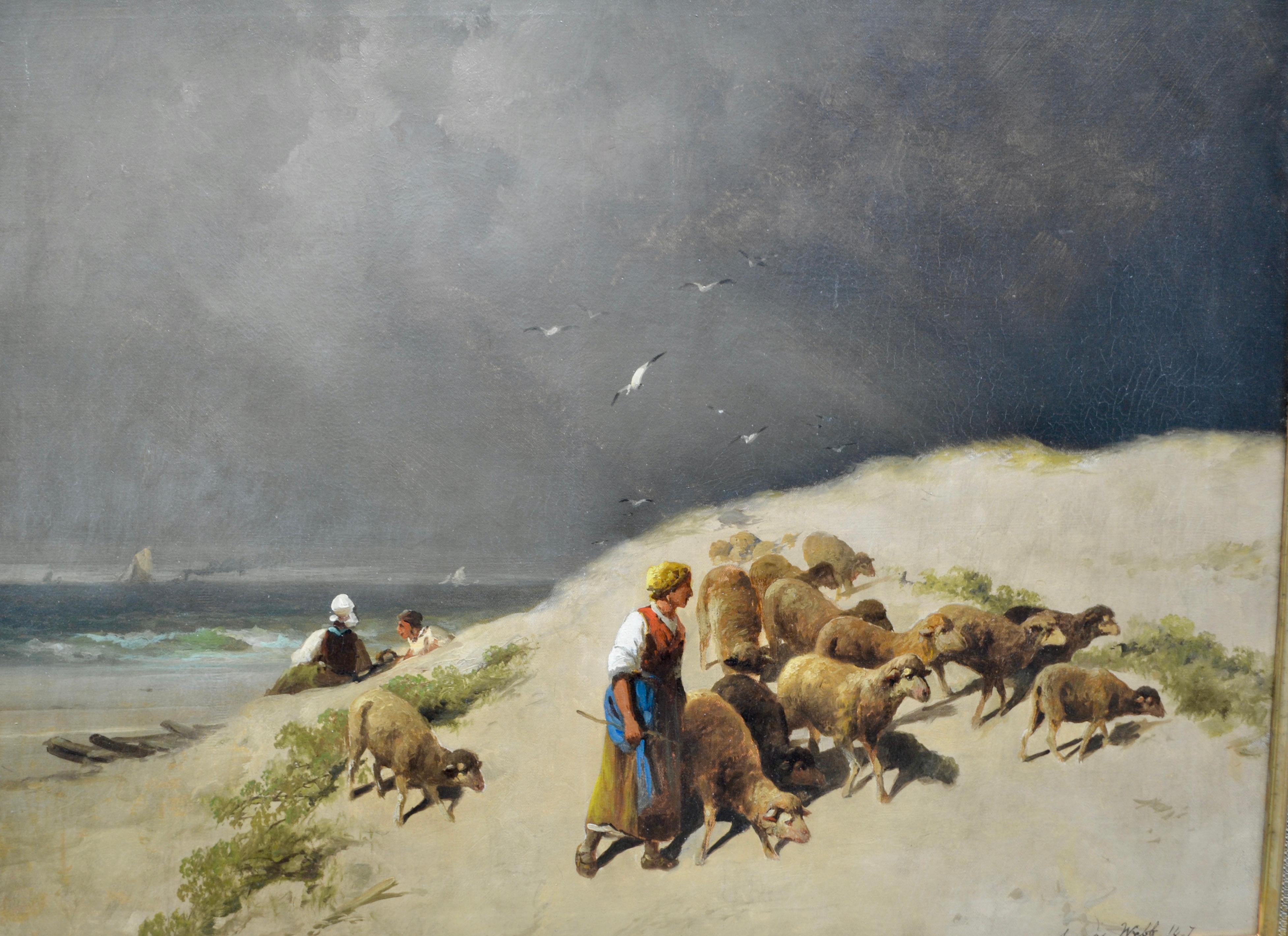 An atmospheric oil painting depicting a seaside with sunlit high sand dunes in the forefront and in Stark contrast a dark stormy sky in the background with seagulls overhead. Small sailing ships can be seen in the distance. Climbing the dunes is a
