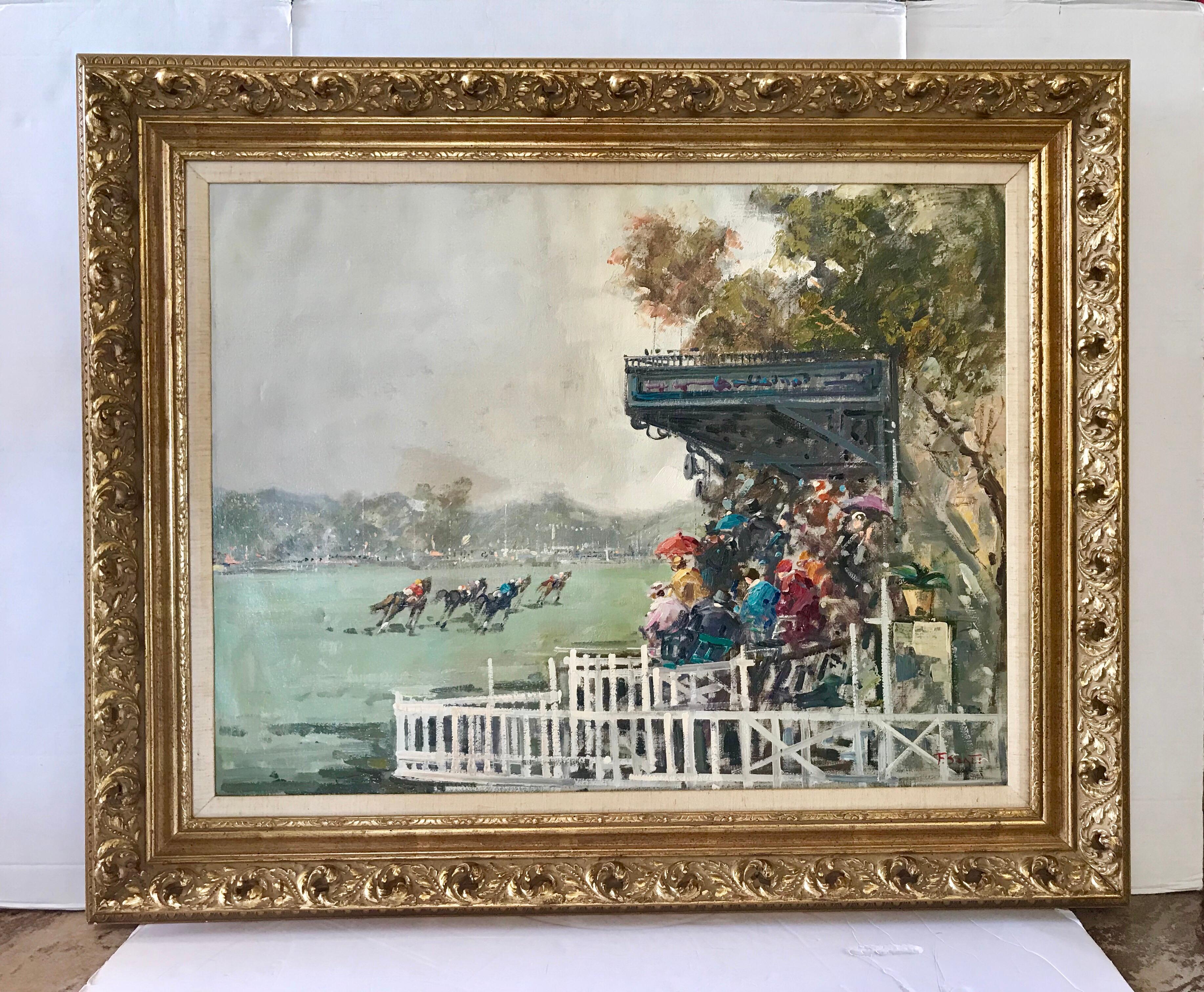 Elegant oil on board original framed painting signed by the artist F. Sarti in lower right.
The scene depicted appears to be an equestrian event or race of some sort. Gilt frame
is stunning and in great condition.