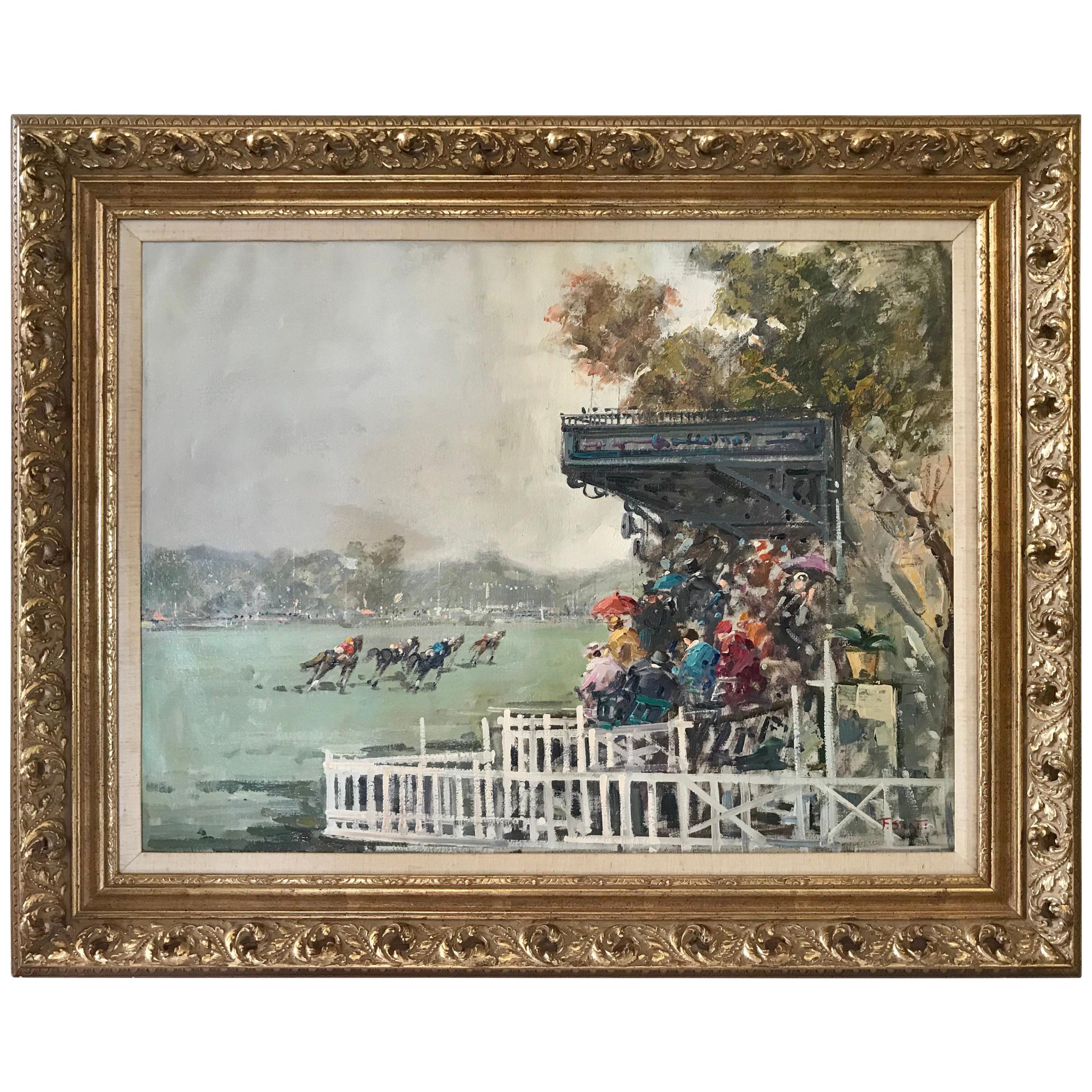 Original Oil Painting Equestrian Horse Races Polo Signed F. Sarti