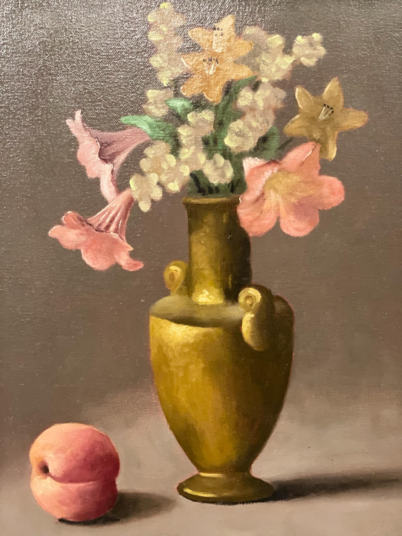 American Original Oil Painting Floral Still Life with a Peach Gold Frame Signed by Artist For Sale