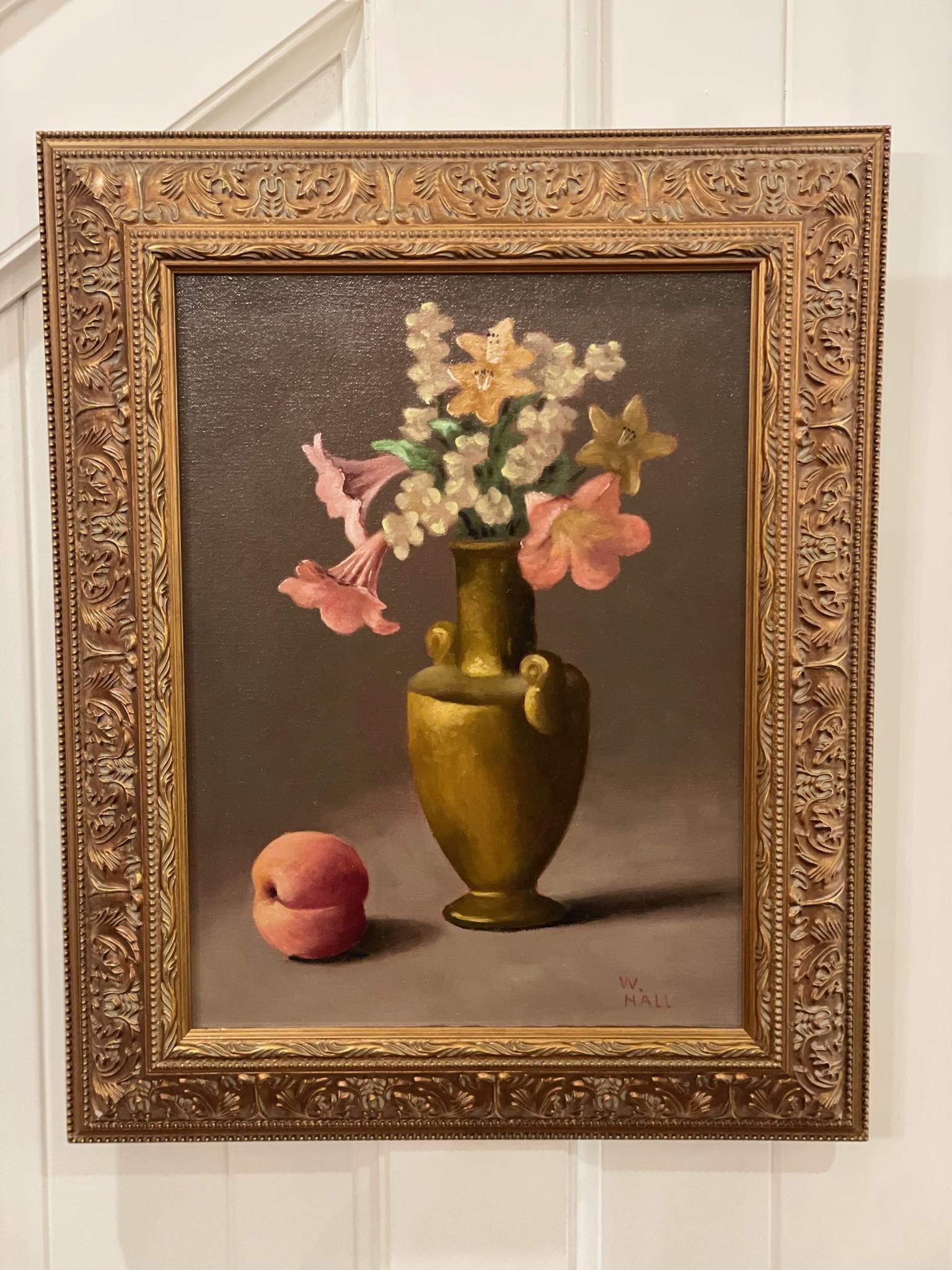 Original Oil Painting Floral Still Life with a Peach Gold Frame Signed by Artist In Good Condition For Sale In Cookeville, TN