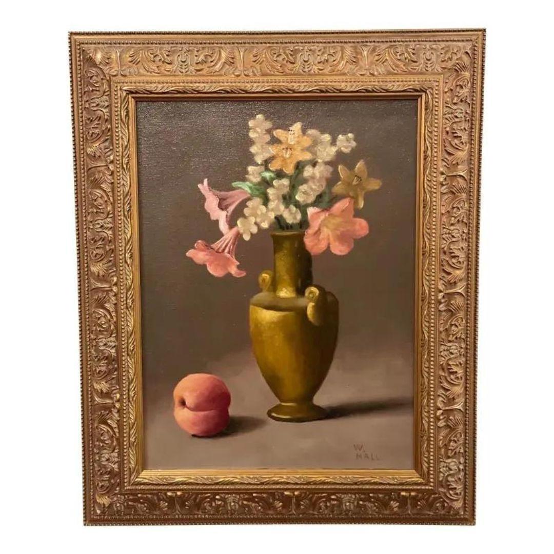 20th Century Original Oil Painting Floral Still Life with a Peach Gold Frame Signed by Artist For Sale