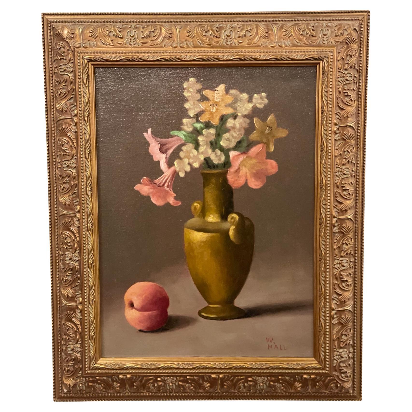 Original Oil Painting Floral Still Life with a Peach Gold Frame Signed by Artist For Sale