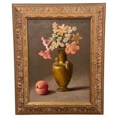 Vintage Original Oil Painting Floral Still Life with a Peach Gold Frame Signed by Artist