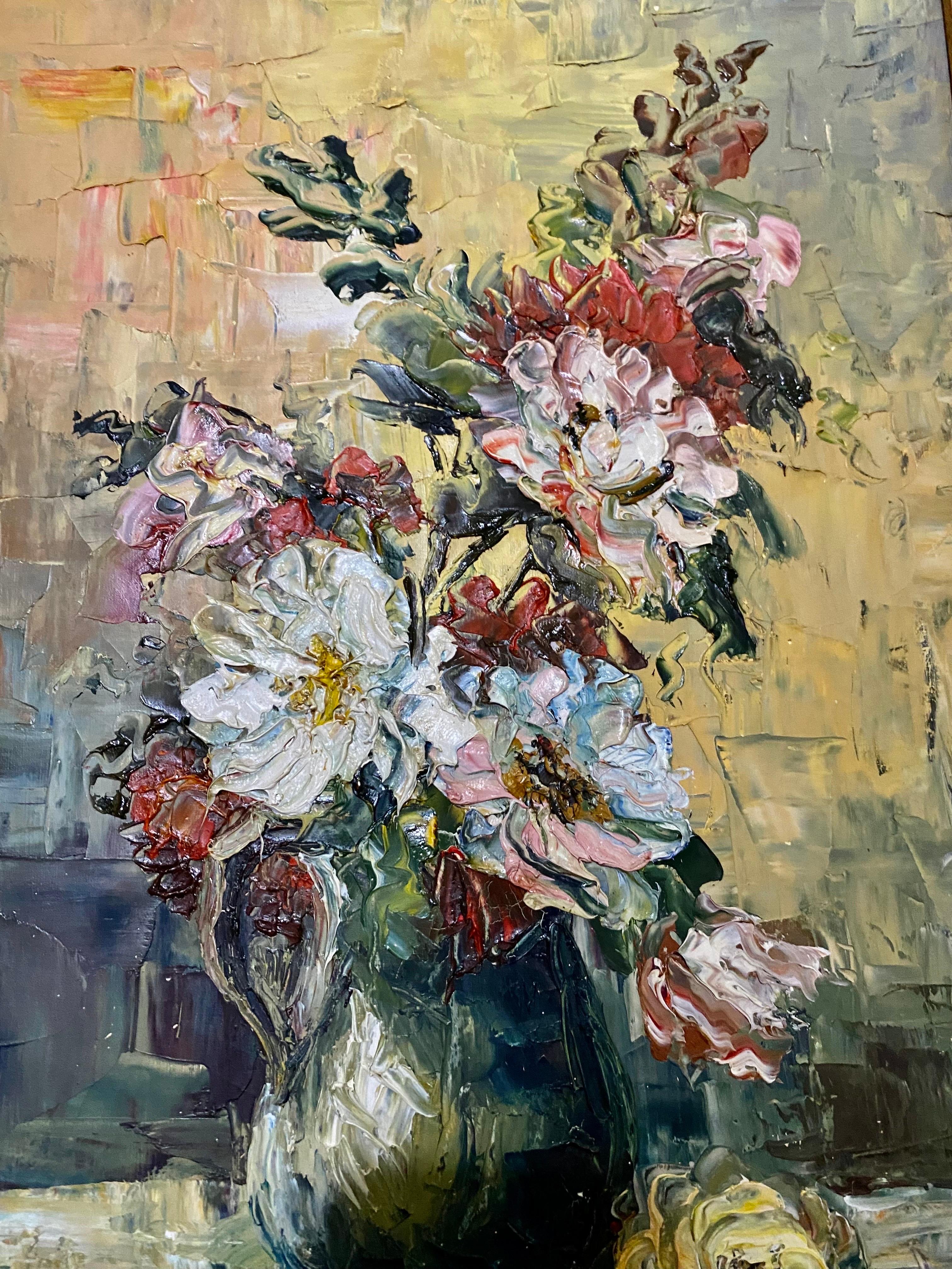 Mid-Century Modern Original oil painting flowers bouquet , Spain 1960 For Sale