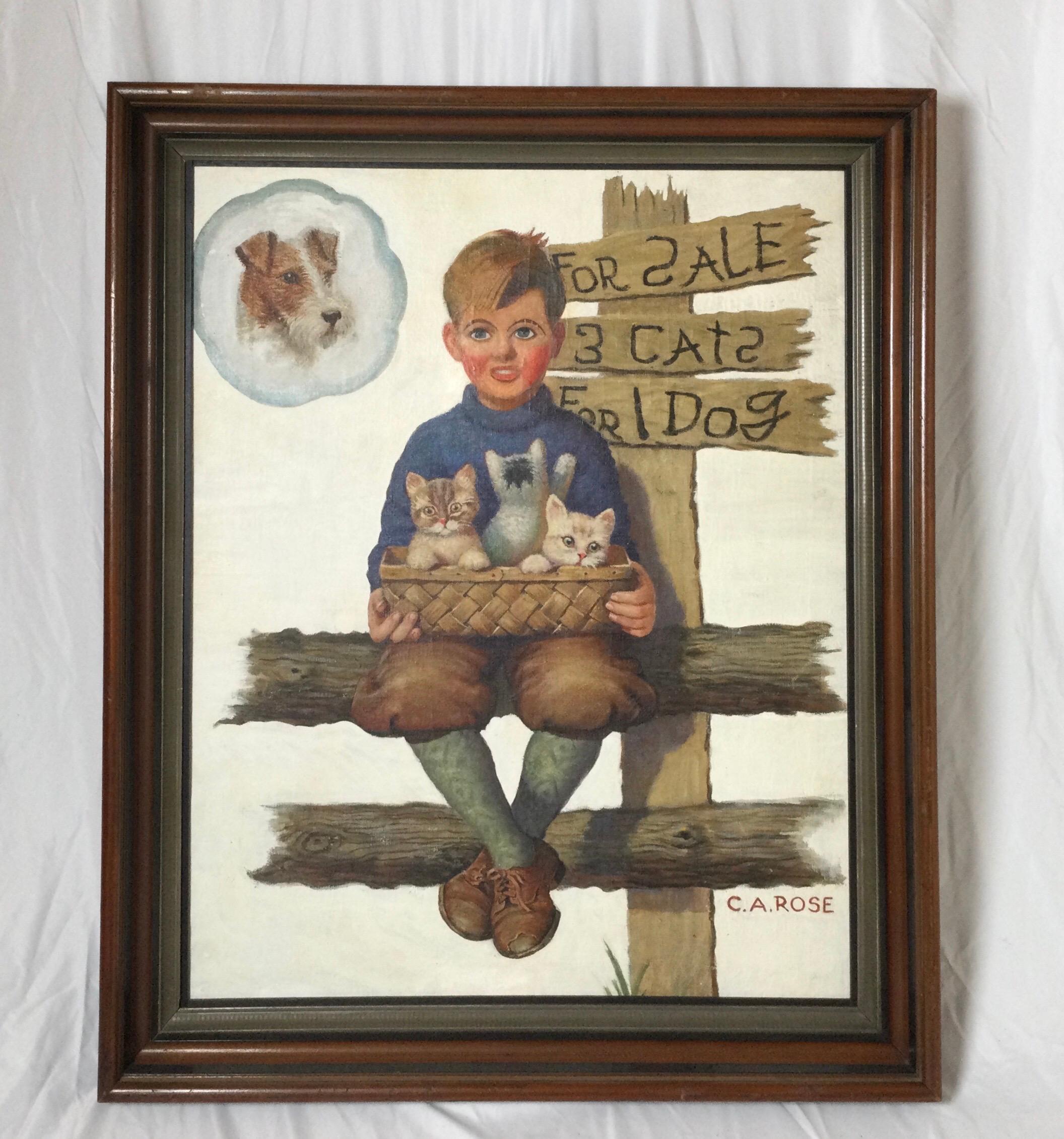 Original oil painting illustration, boy with kittens, 1920-30 by C. A. Rose, an illustrator and cartoonist for the saturday evening post. Measures: Framed 34 high, 28 wide, the sight size is 30 high, 24 wide.