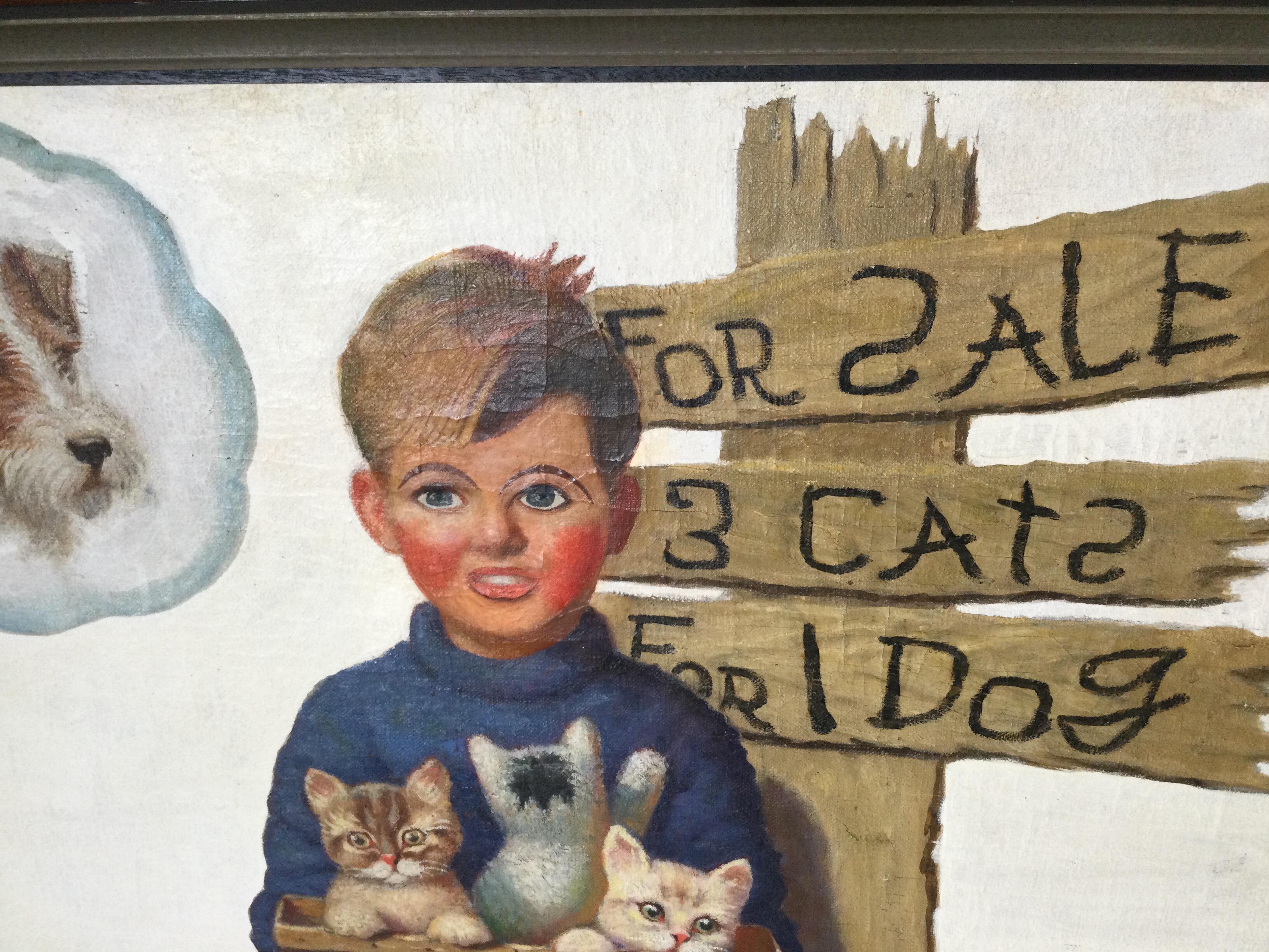 Original Original-Ölgemälde, Illustration eines Jungen mit Kitten (amerikanisch) im Angebot