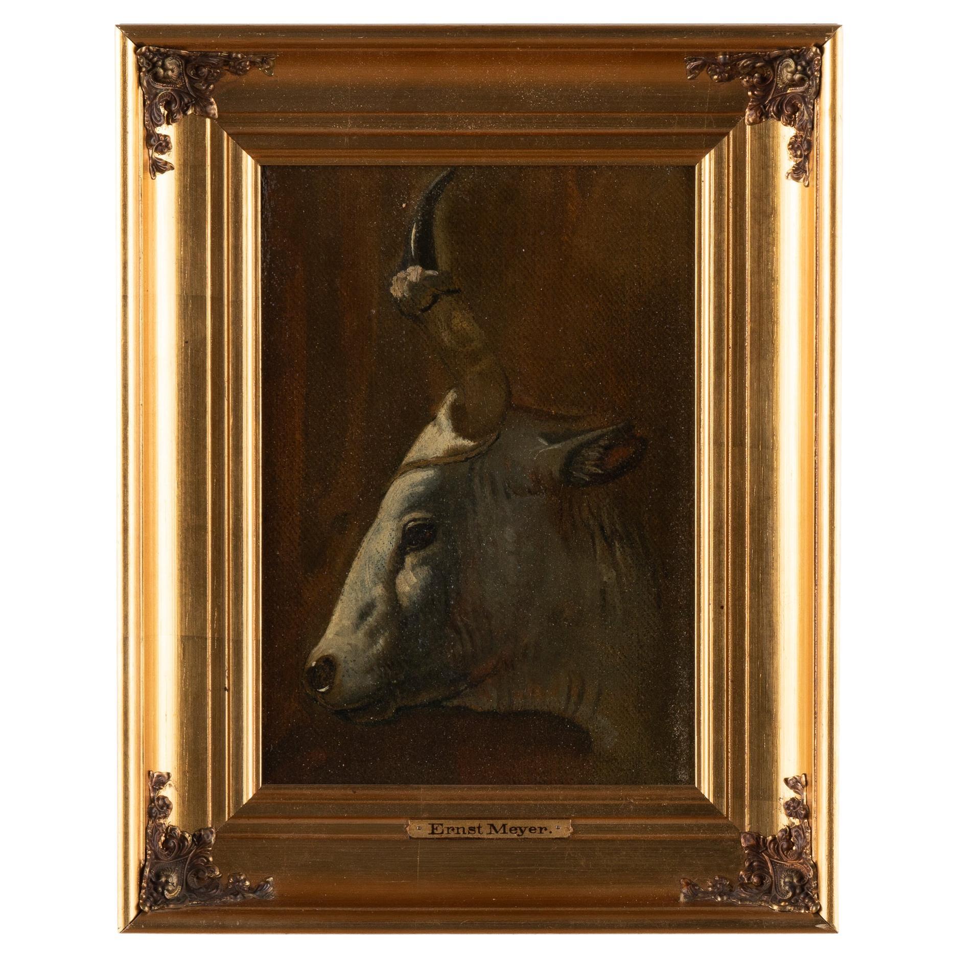 Peinture à l'huile originale d'un taureau par Ernst Meyer du Danemark vers 1850