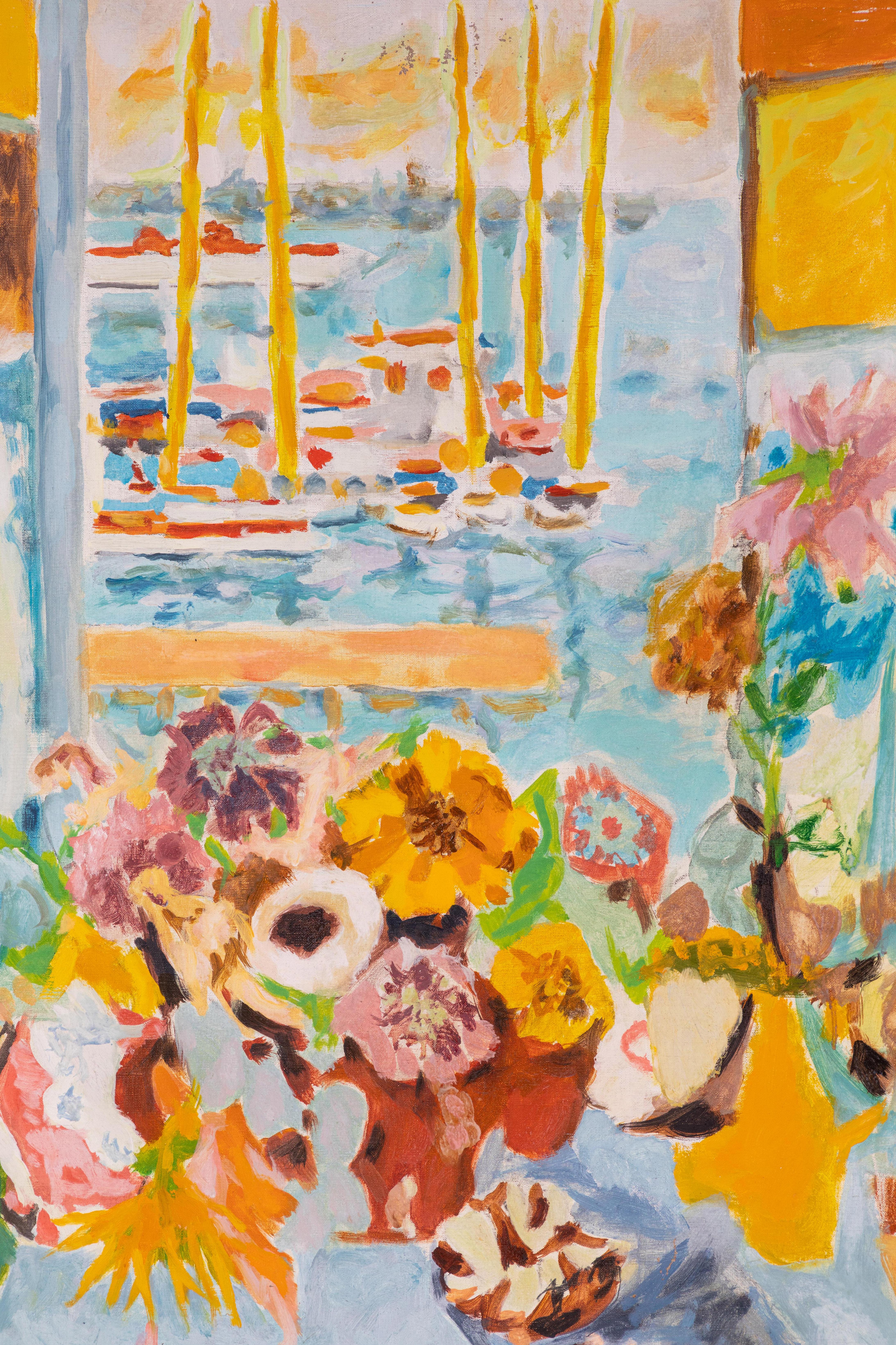 Signiertes, leuchtendes, sehr begehrtes Ölgemälde auf Leinwand mit Blumen vor einem offenen Fenster und Blick auf vertäute Boote. 