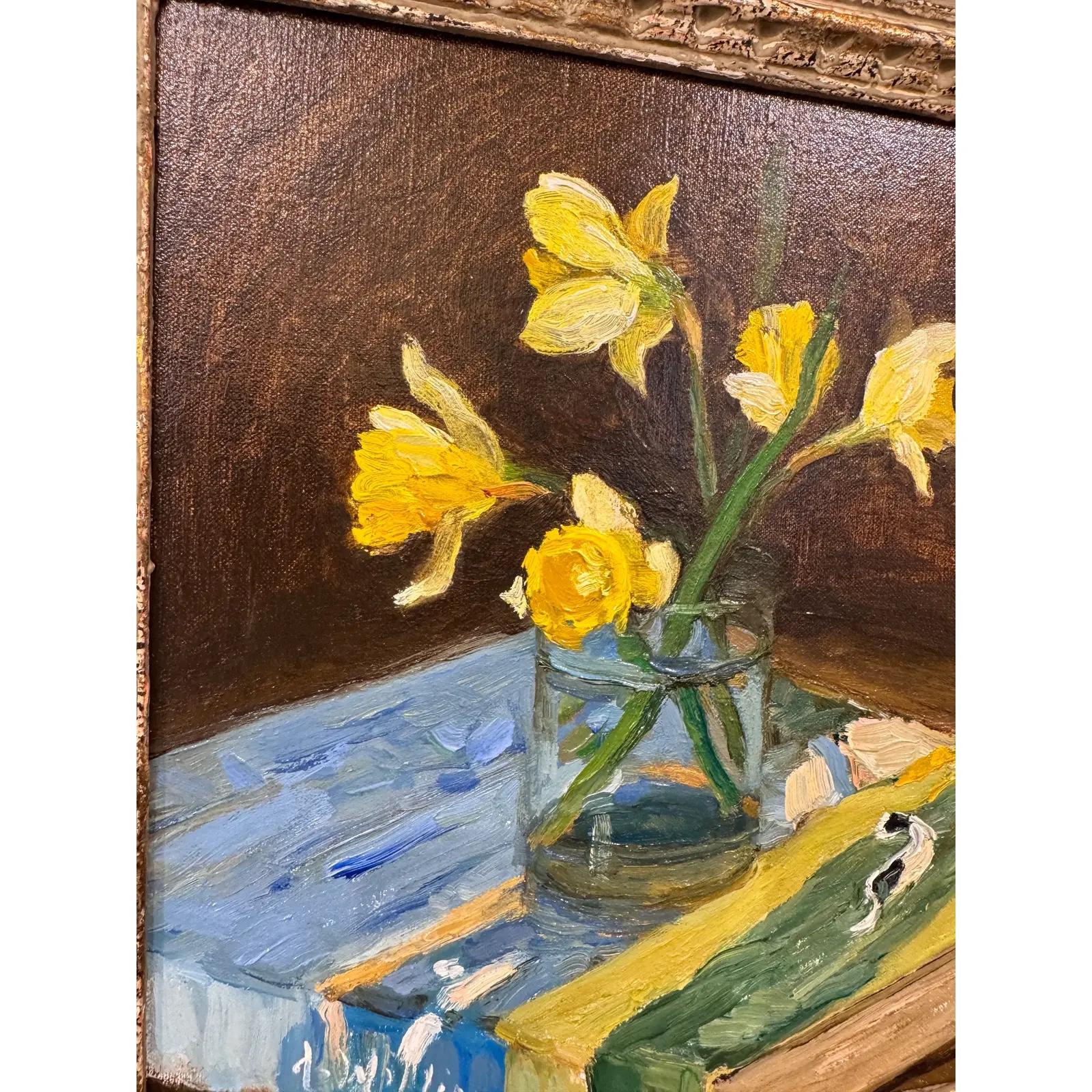 Pintura al Óleo Original de Narcisos y Libro Norteamericano en venta