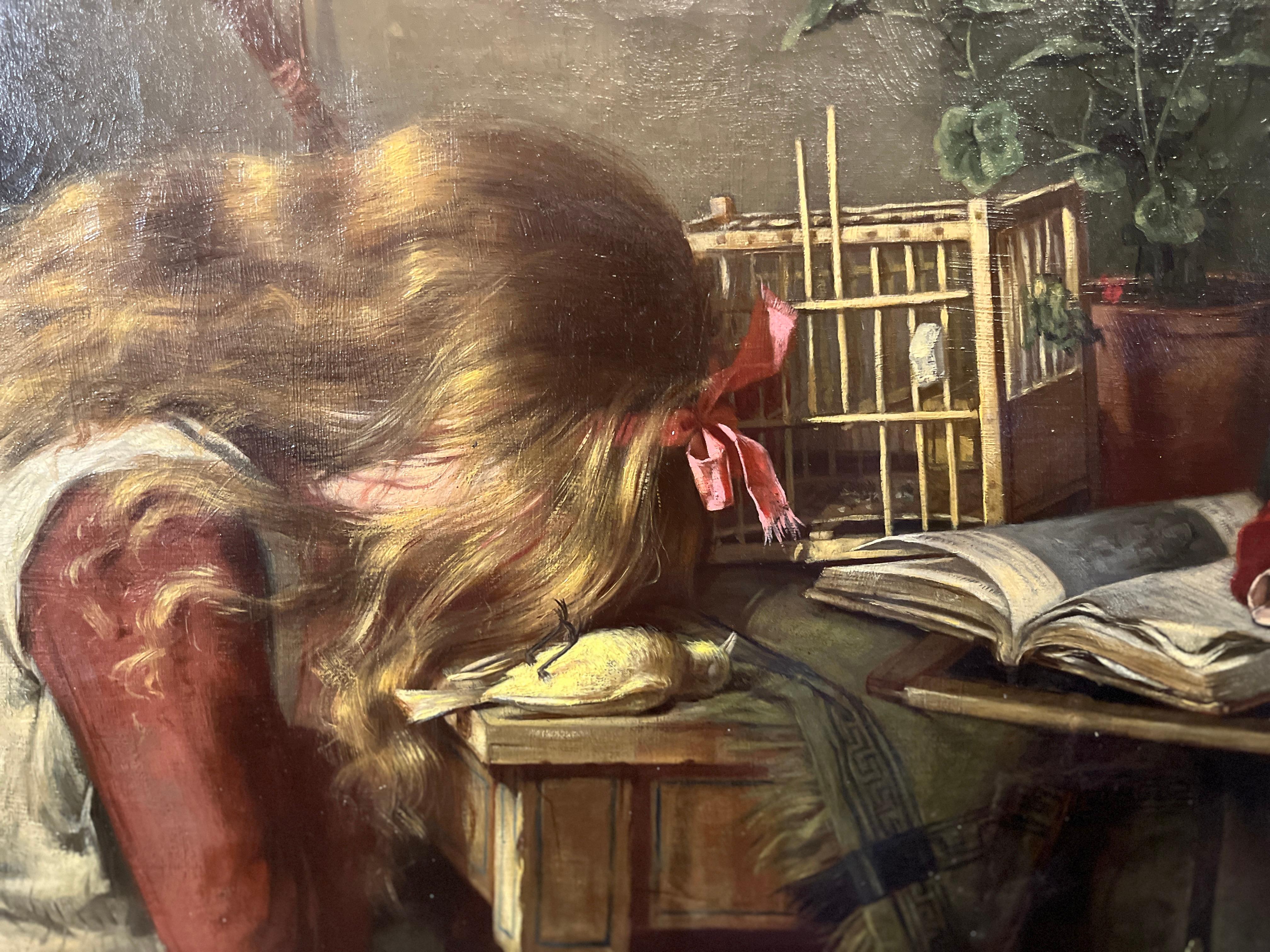 Pittura a olio originale di ragazza di Harry Roseland.  La pittura è in ottimo stato per la sua età.  Harry Roseland è stato un pittore newyorkese vissuto dal 1866 al 1957.   Conosciuto per la sua ritrattistica candida della vita americana.  Inviaci