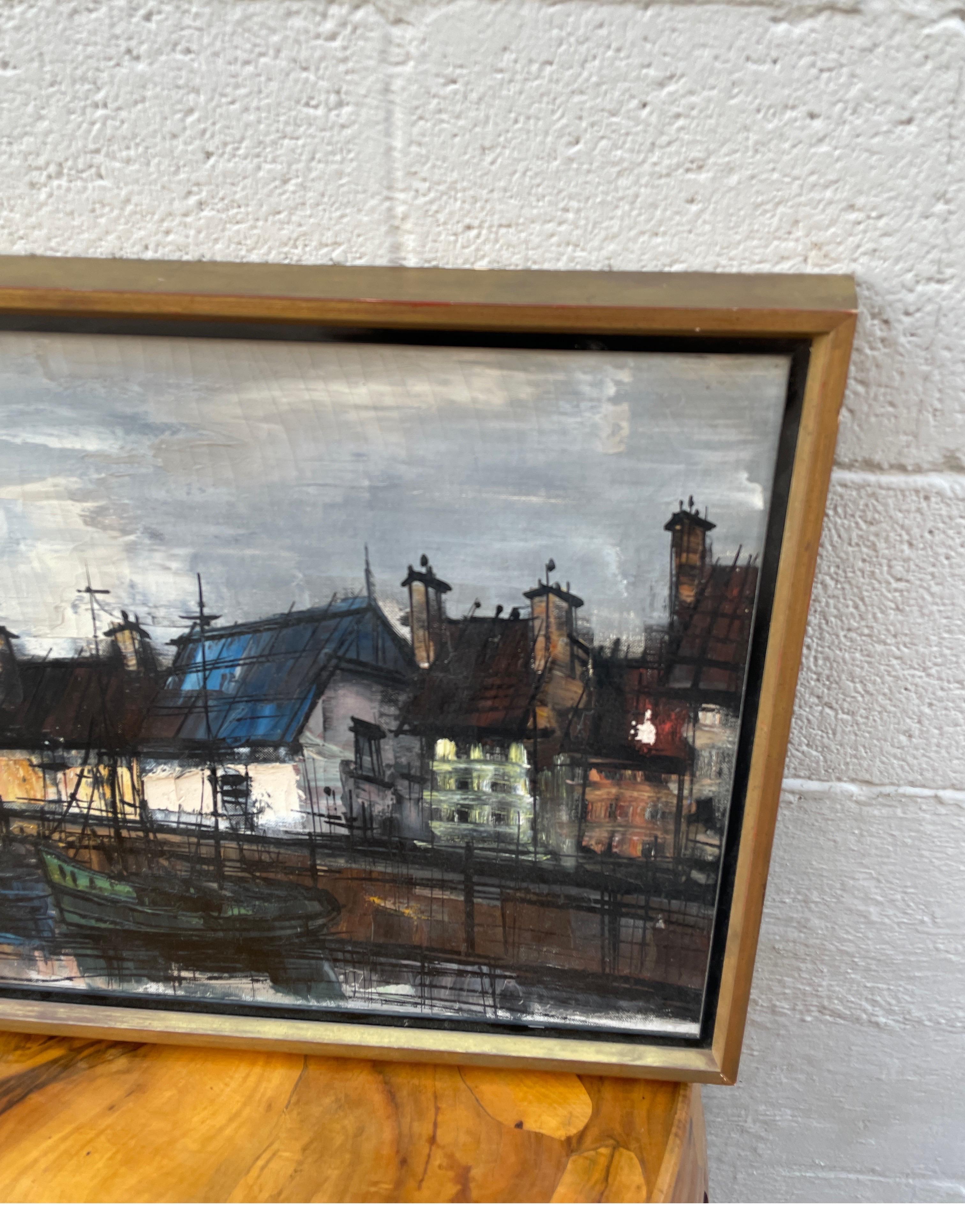 Original oil painting of boat in harbor in the style of Bernard Buffet.