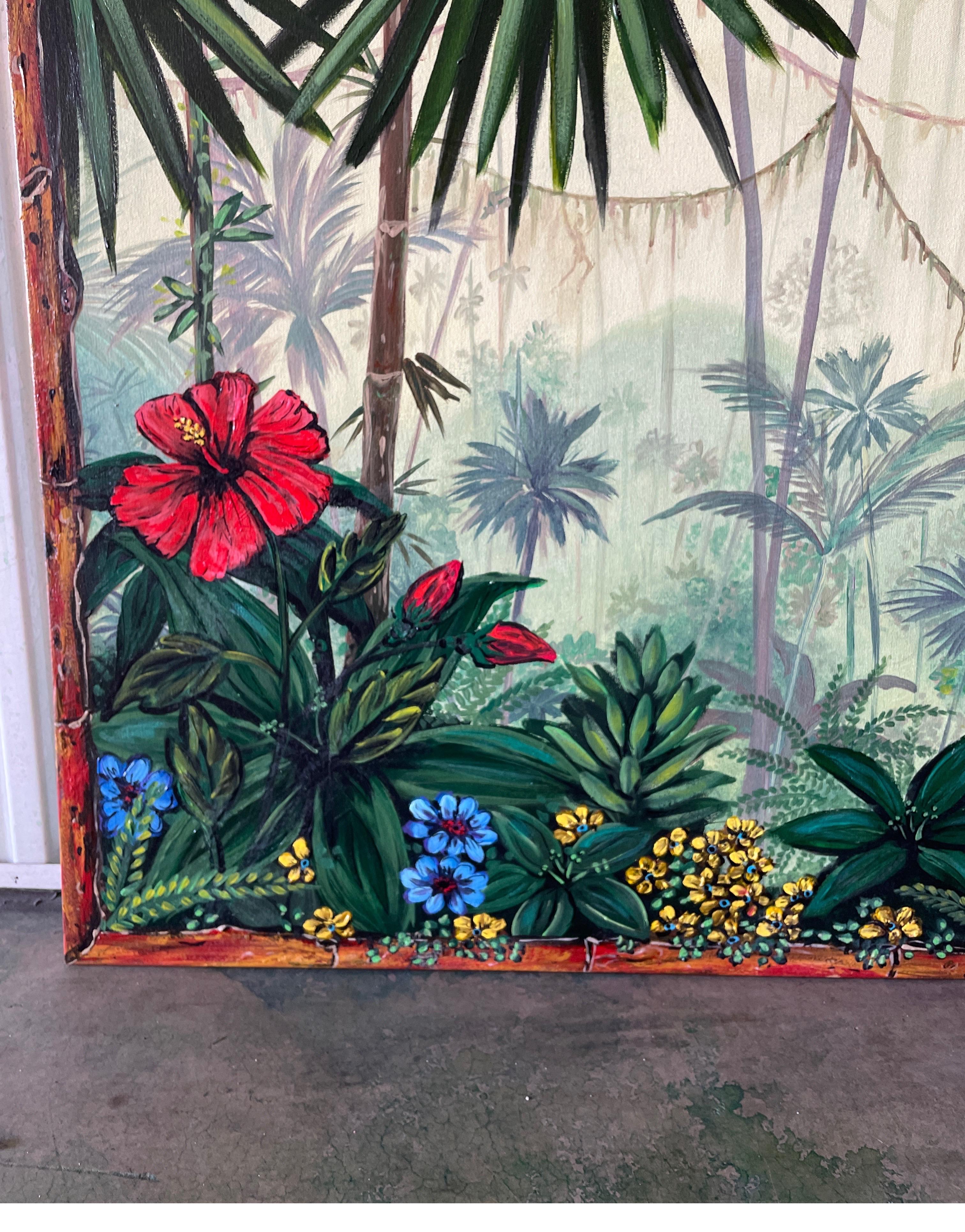 Original oil painting of Tropical Jungle setting with bright flowers & Palm trees. Faux bamboo painted frame border.