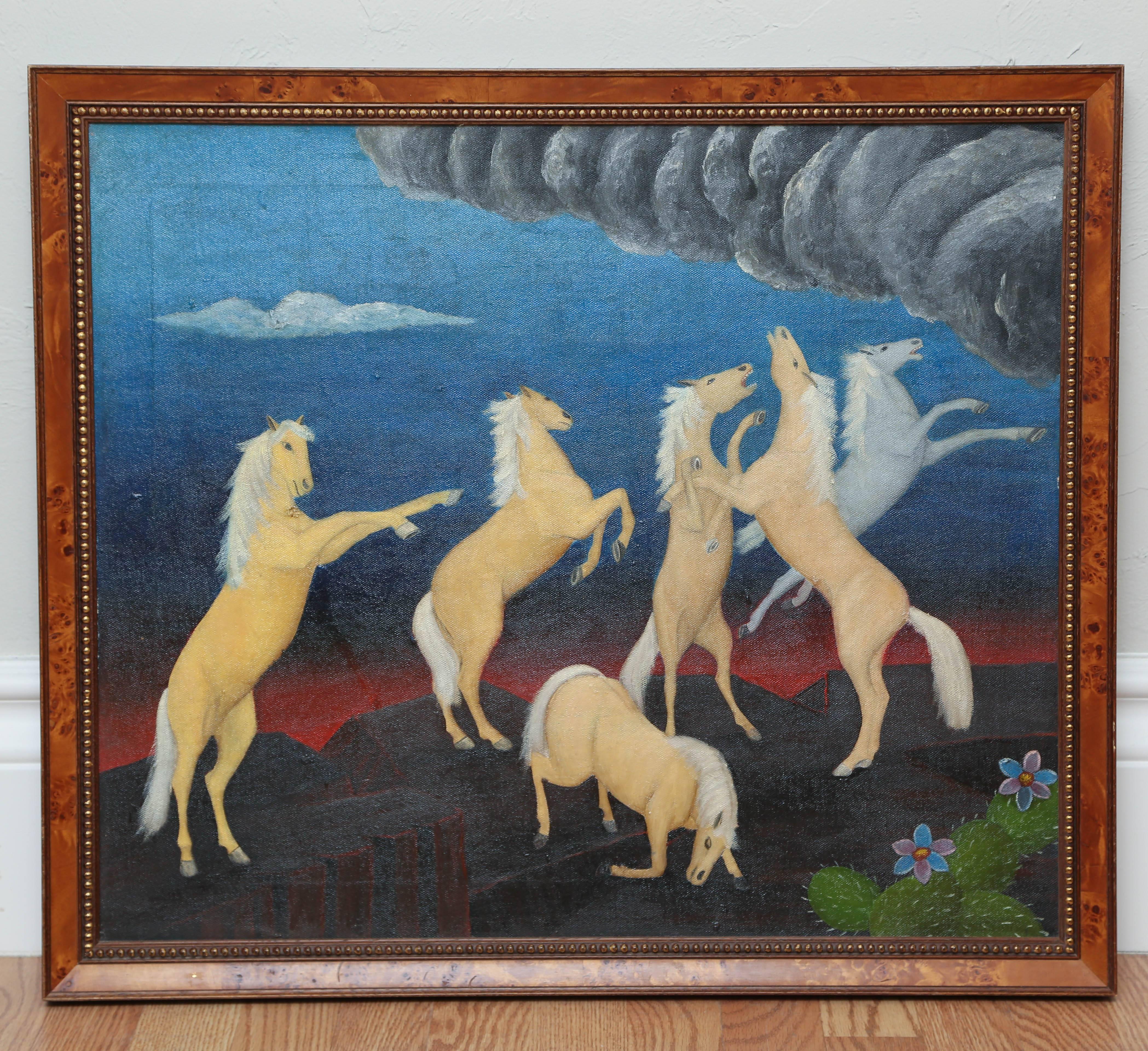 Peinture à l'huile de six Palominos réagissant à un temps orageux.
Taille de la toile : 22