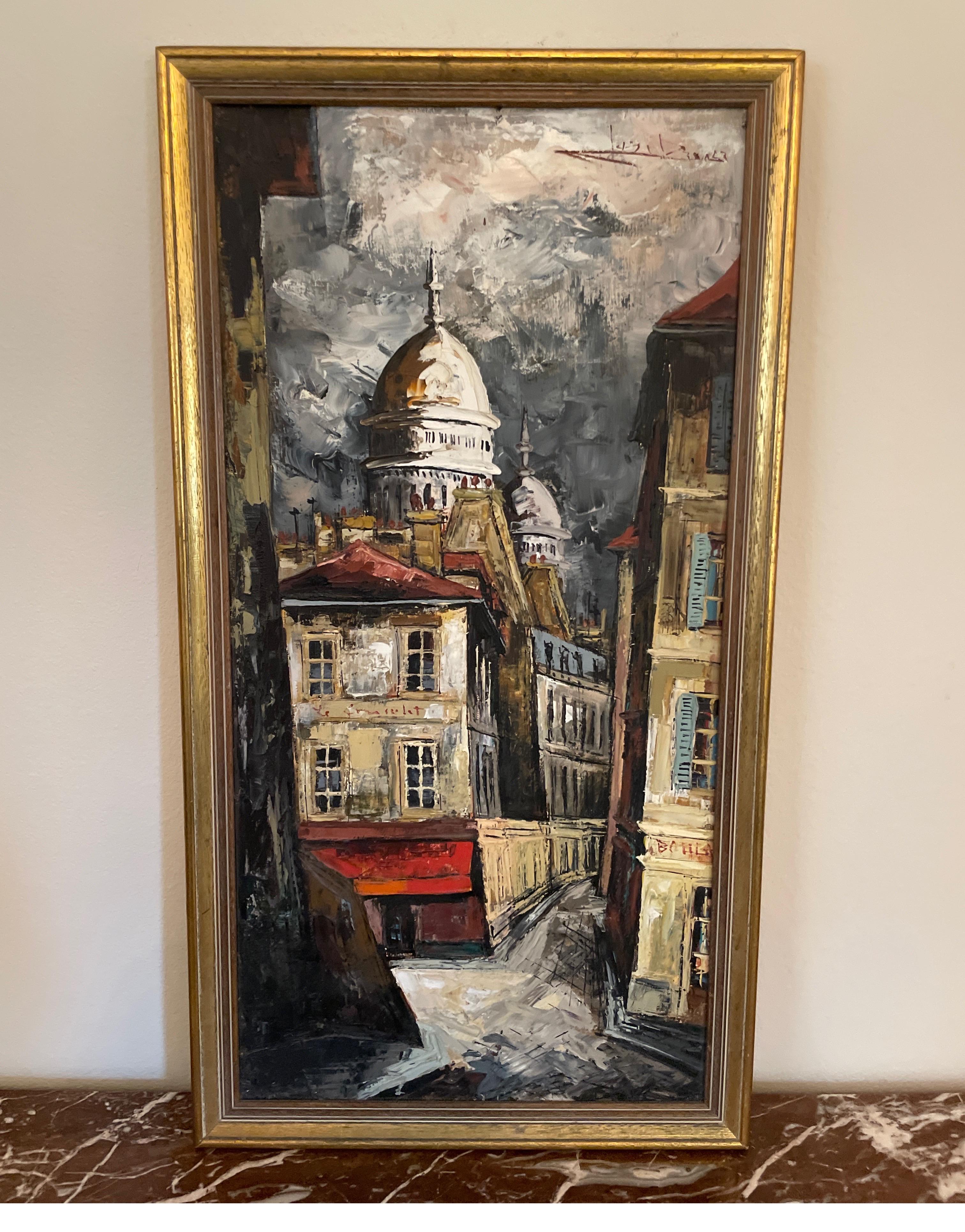 Dies ist ein Original-Impasto-Ölgemälde einer Pariser Straßenszene. Wahrscheinlich ist es in Montmartre gemalt, mit der Basilika Sacre Coeur im Hintergrund.