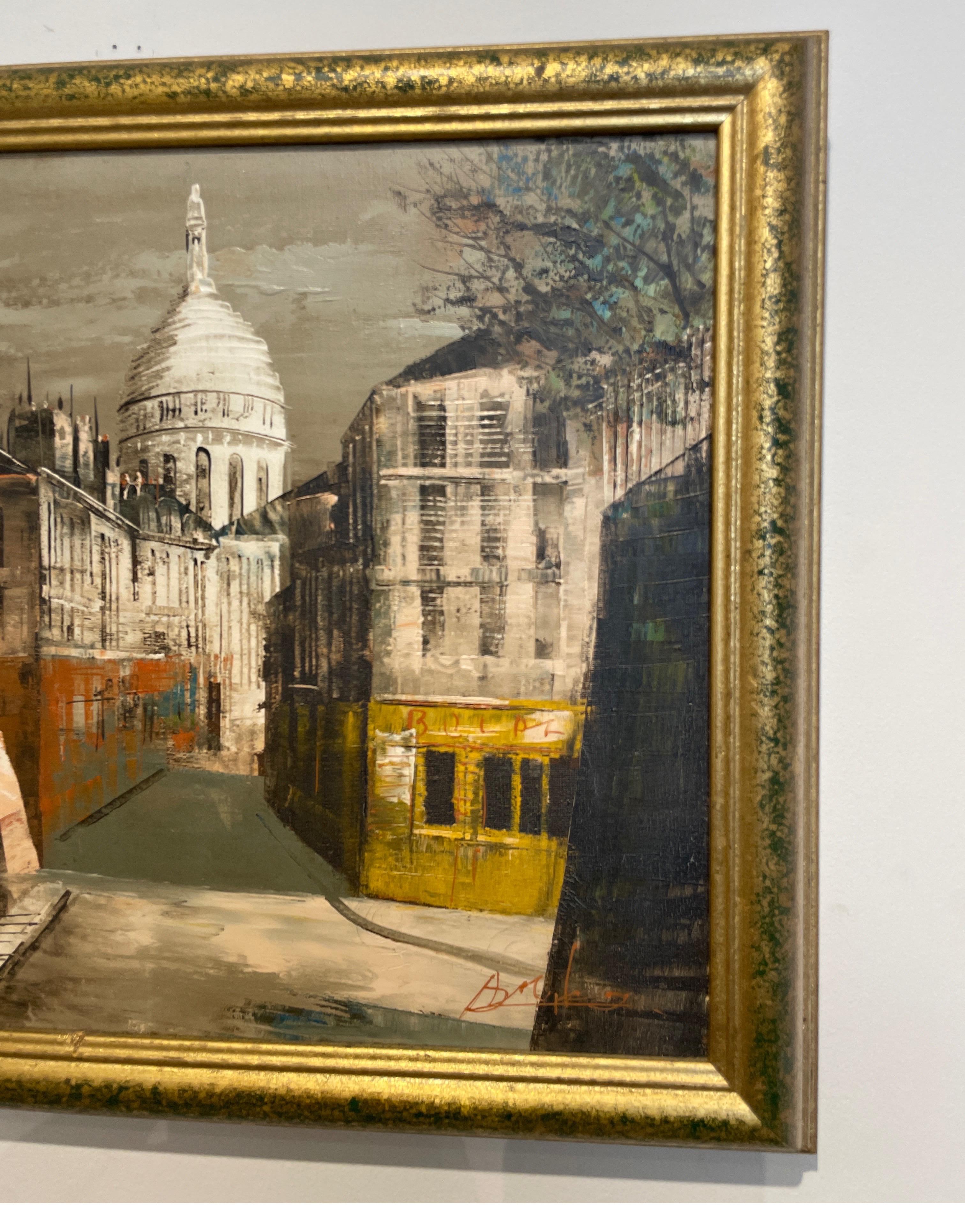 Lovely Parisian streetscape oil painting in the style of Buffet. Very well executed vintage piece. A very decorative addition to any setting.