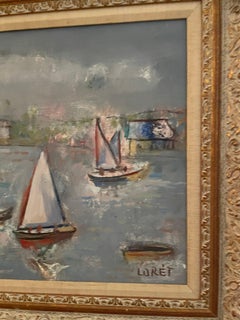 Pittura a olio originale con barche a vela sulla spiaggia, vintage, 21,75x25,75