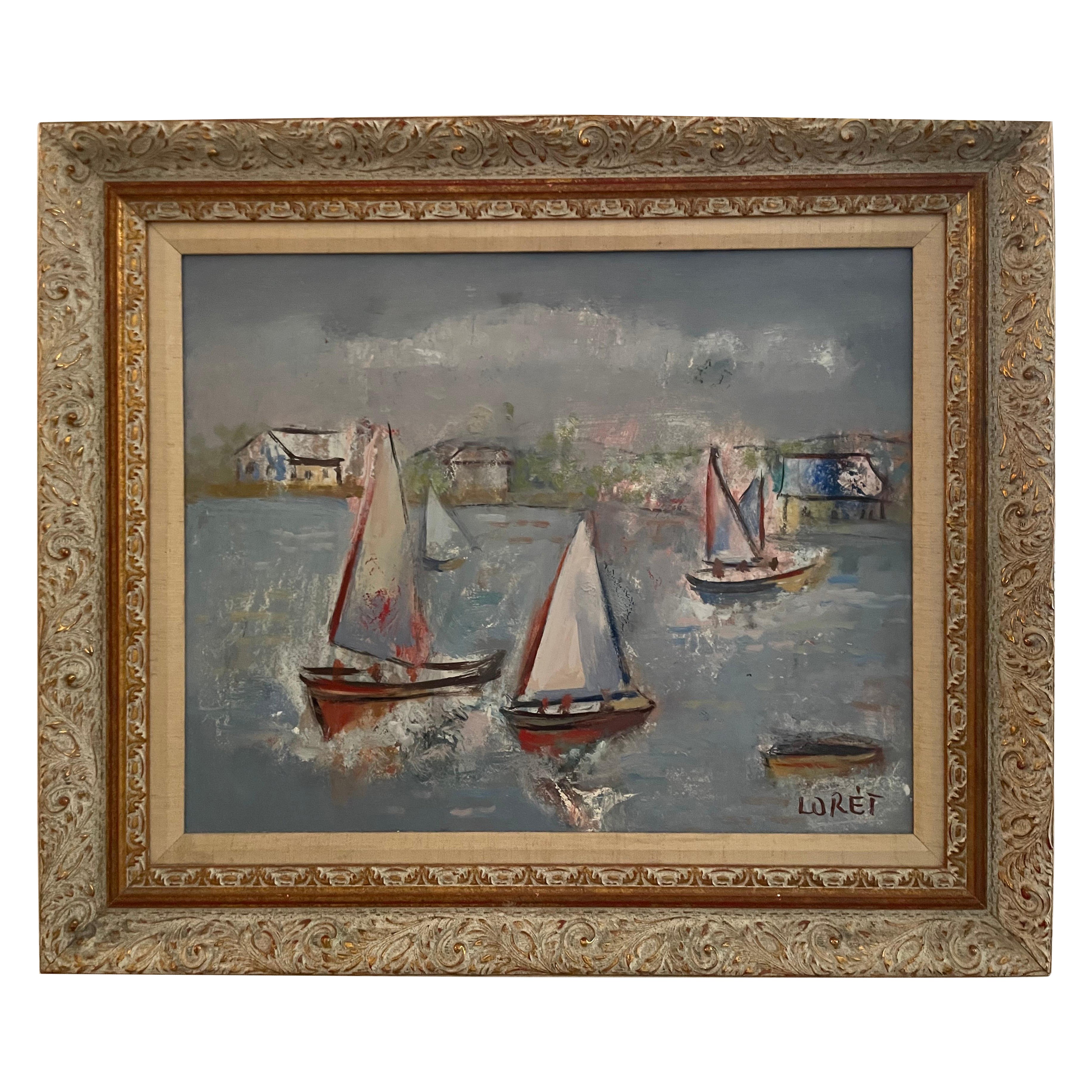 Original Oil Painting of Sailboats on Shoreline, Vintage, 21.75x25.75