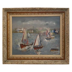 Original Oil Painting of Sailboats on Shoreline, Vintage, 21.75x25.75