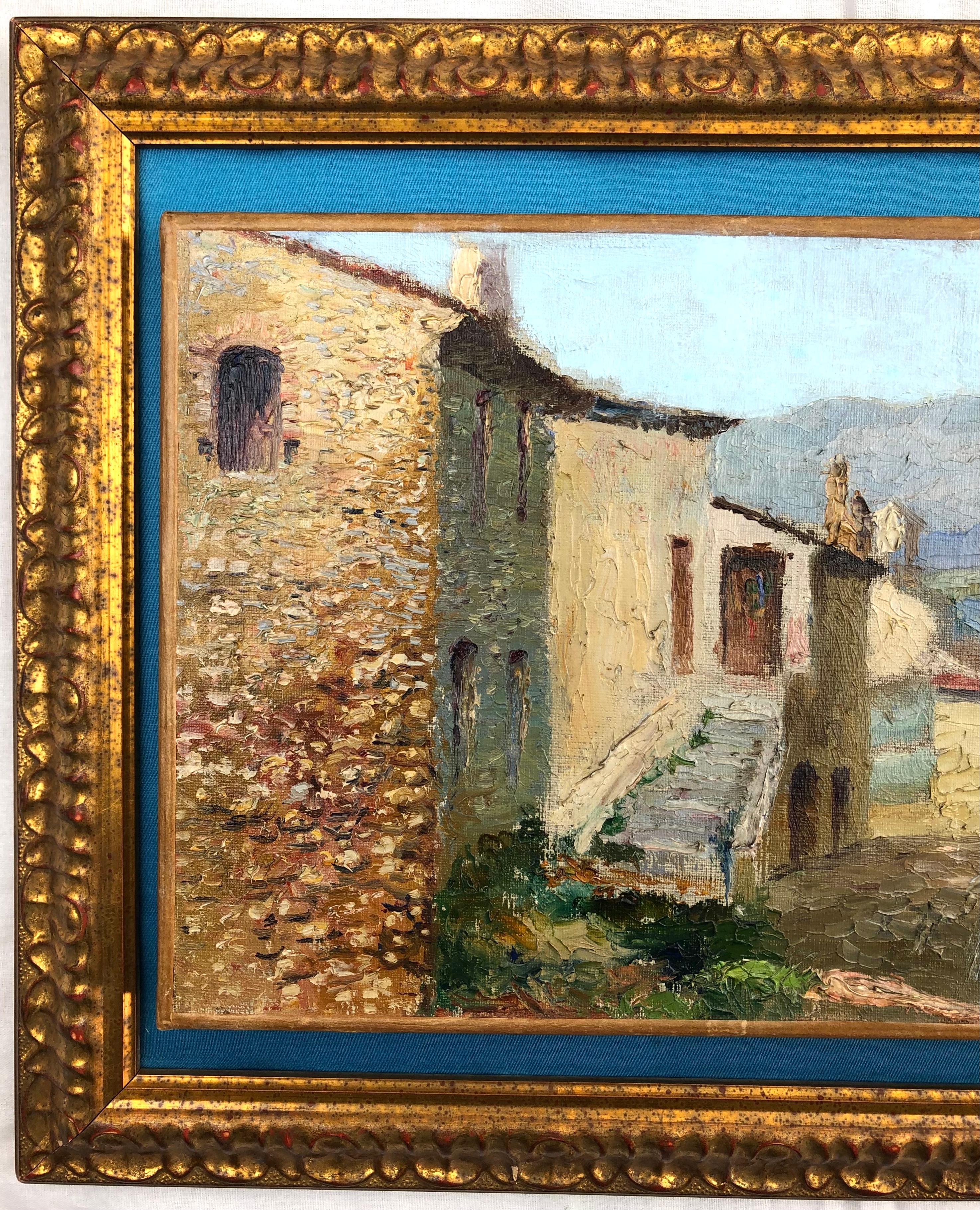 Français Peinture à l'huile originale du village français de Cagnes sur la Côte d'Azur en vente