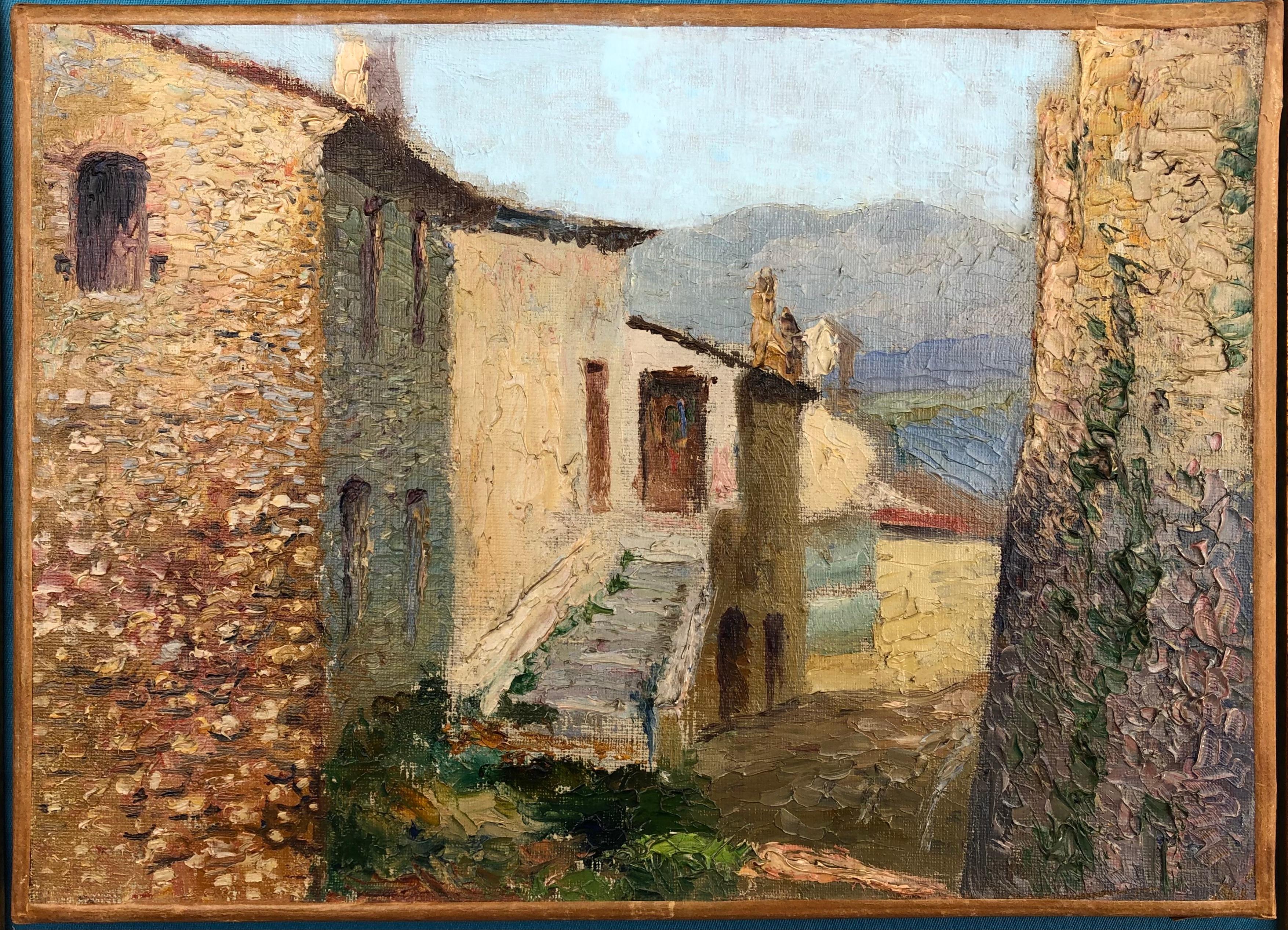 Giltwood Original Oil Painting of the French Cote d'Azur Village Cagnes For Sale