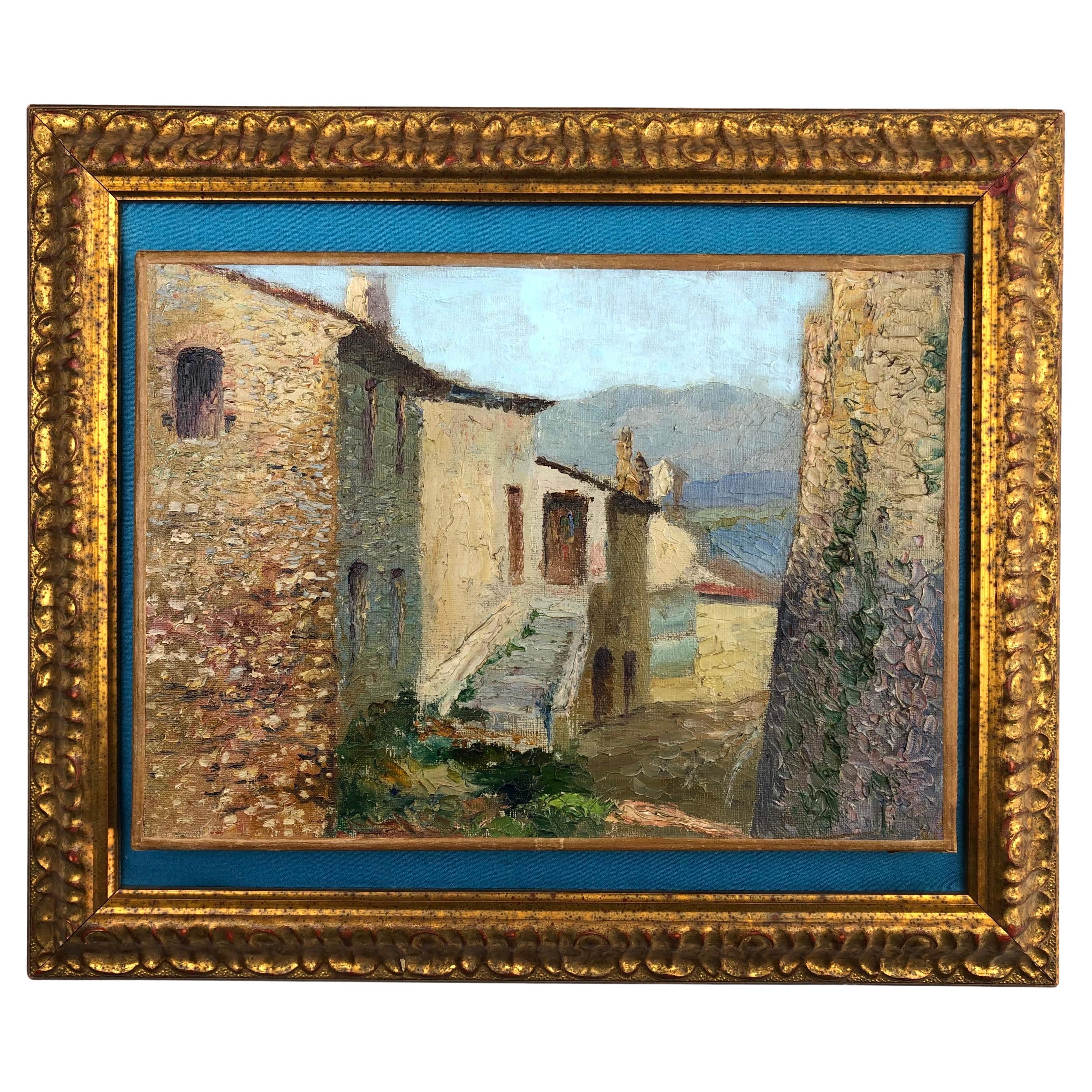 Peinture à l'huile originale du village français de Cagnes sur la Côte d'Azur en vente