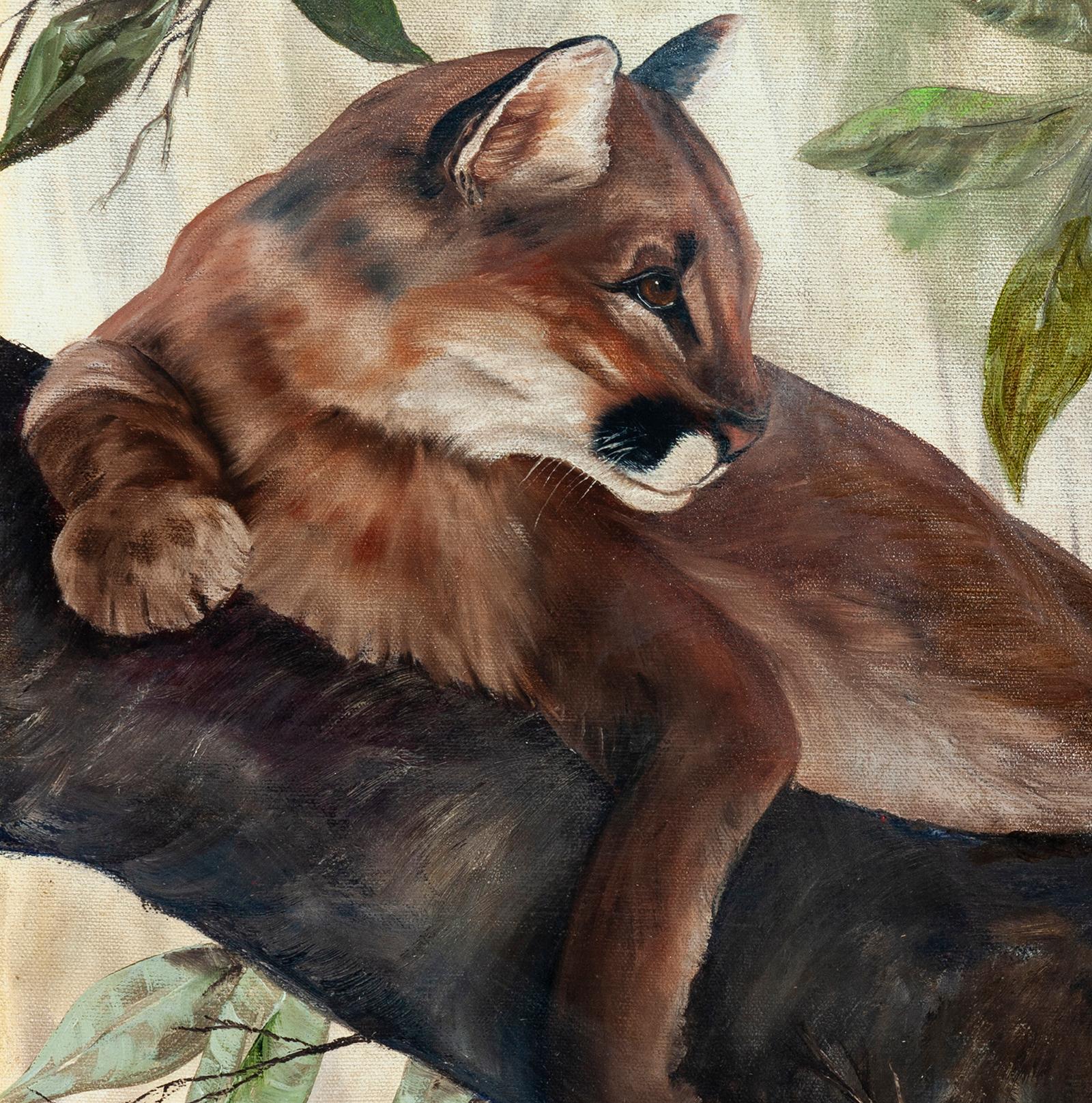Charming naive realism a painting by a winner of the 1981 Pomona art show in Southern California. 
Three wild cats sit in a tree: two cubs & their mother relaxing in a tree. The palette is soft & neutral. The tree is a stunning testament to her